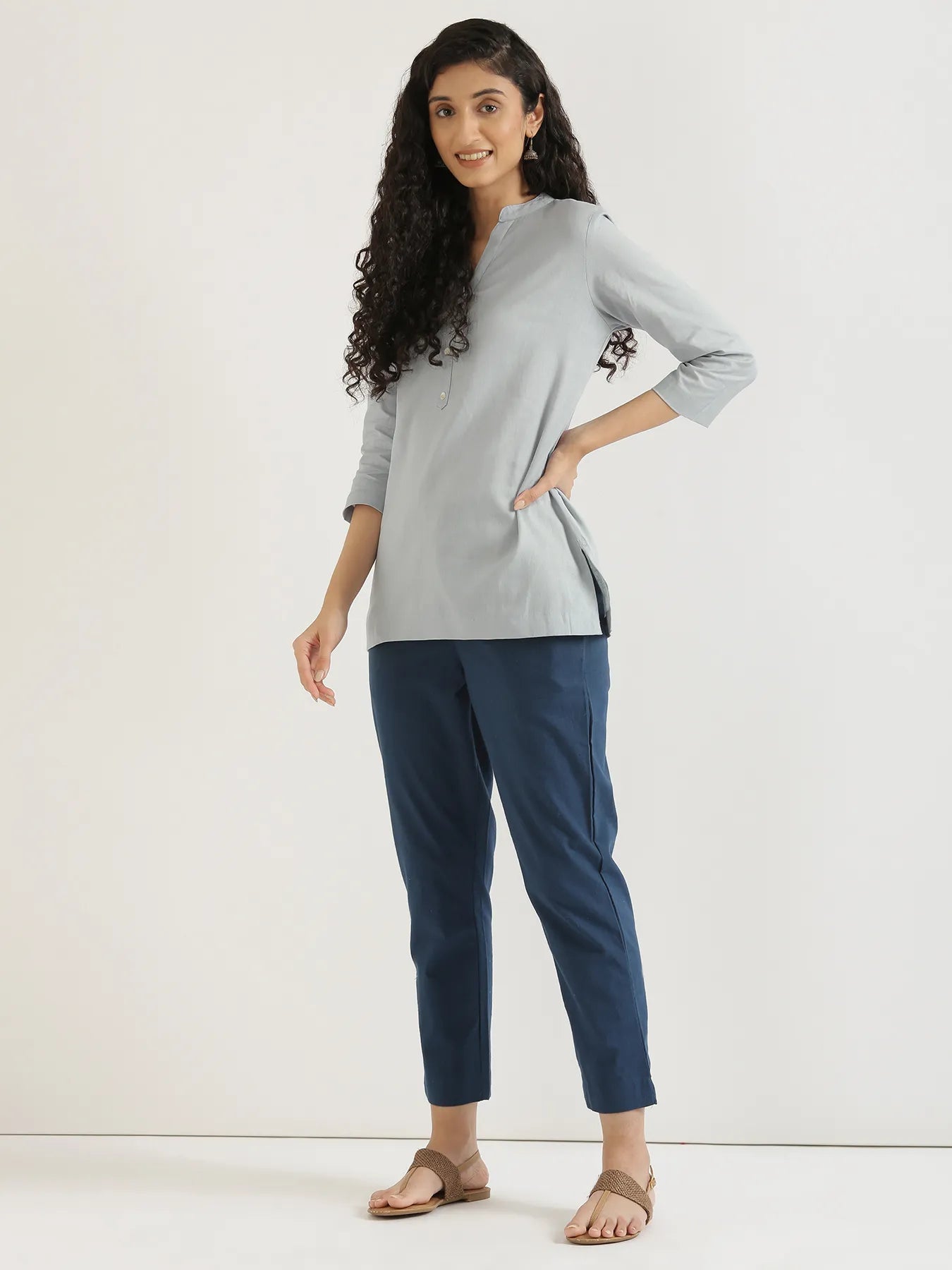 Women Sky Blue Airy Linen Short Kurta