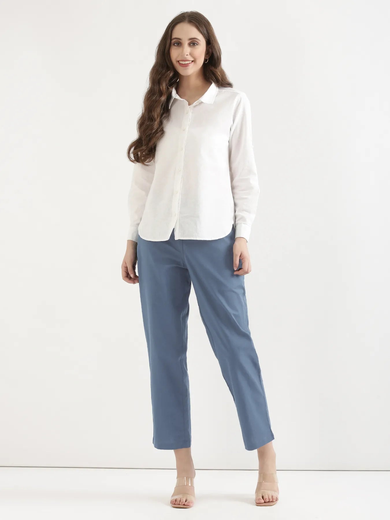 Women English Blue Airy Linen Straight Pants