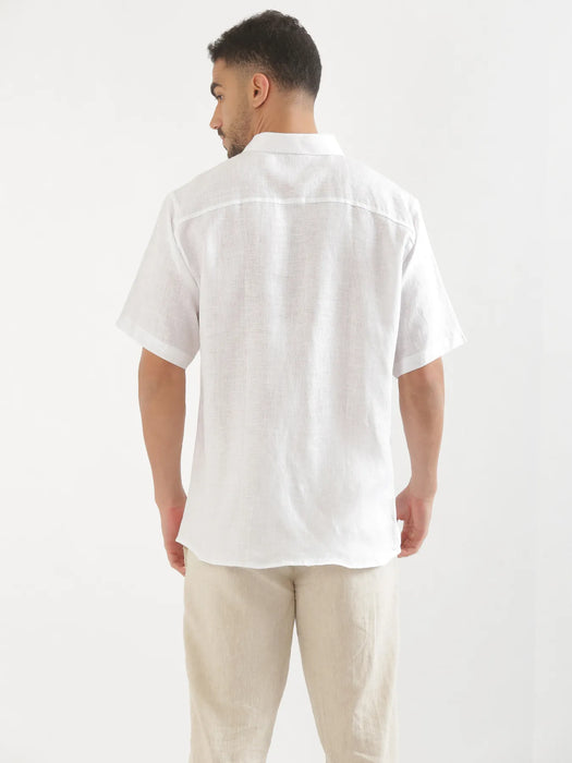 Men White 100% Linen Half Sleeve Shirt