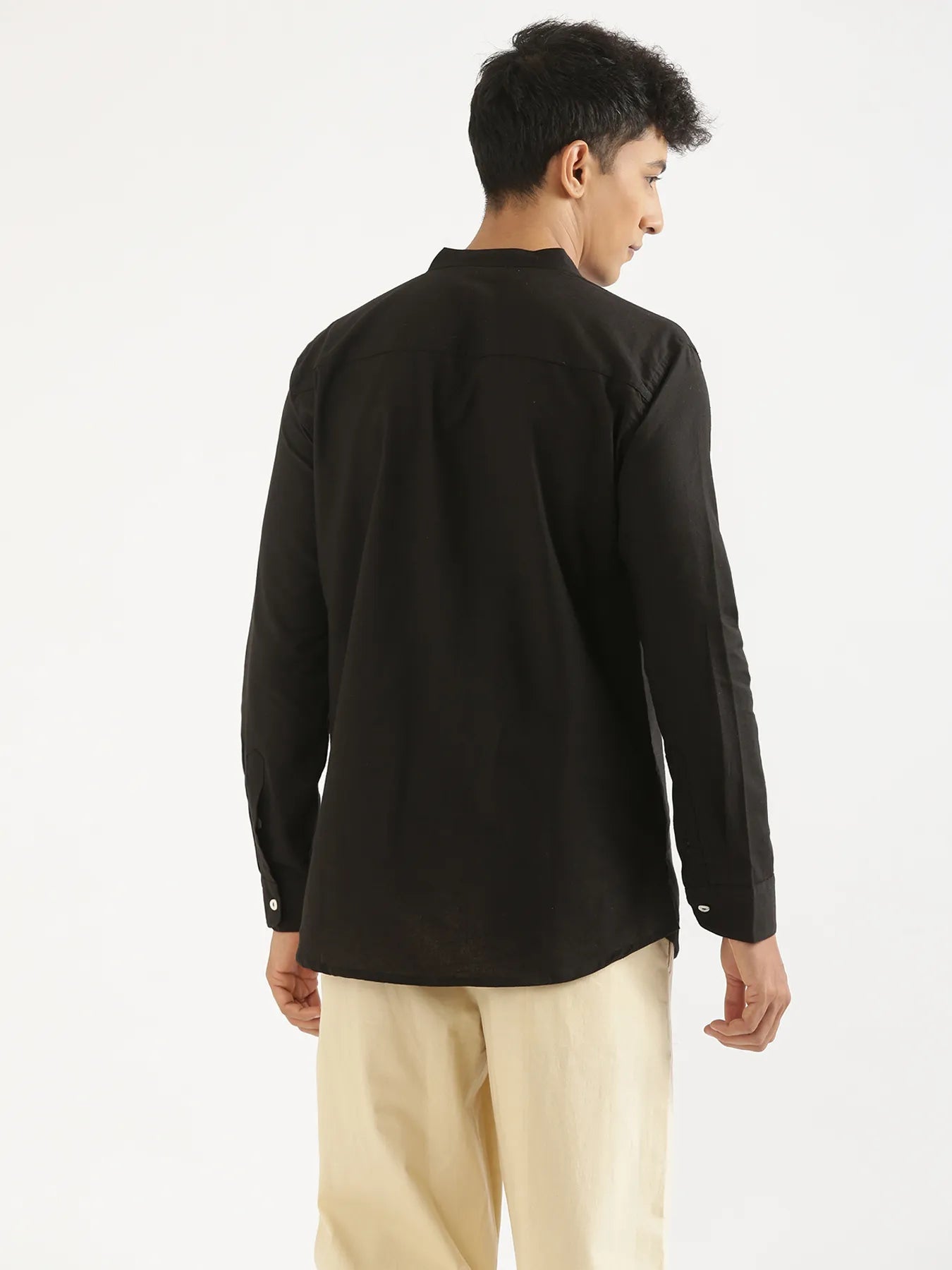 Men Black Airy Linen Short Kurta