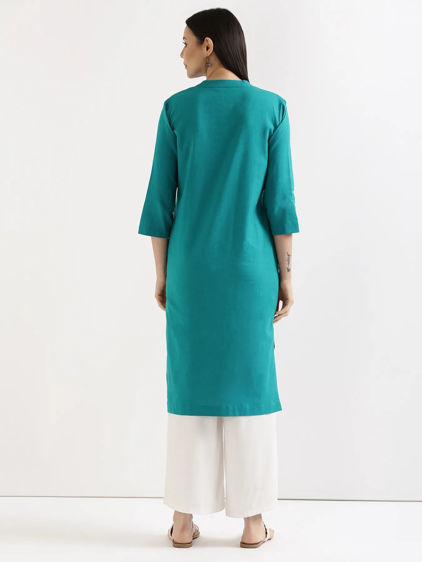 Women Teal Airy Linen Long Kurta