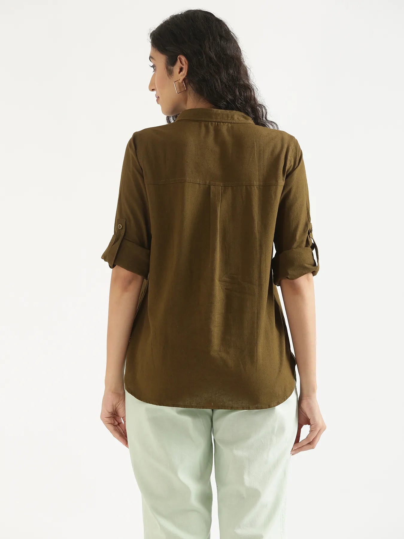 Women Olive Green Airy-Linen Shirt