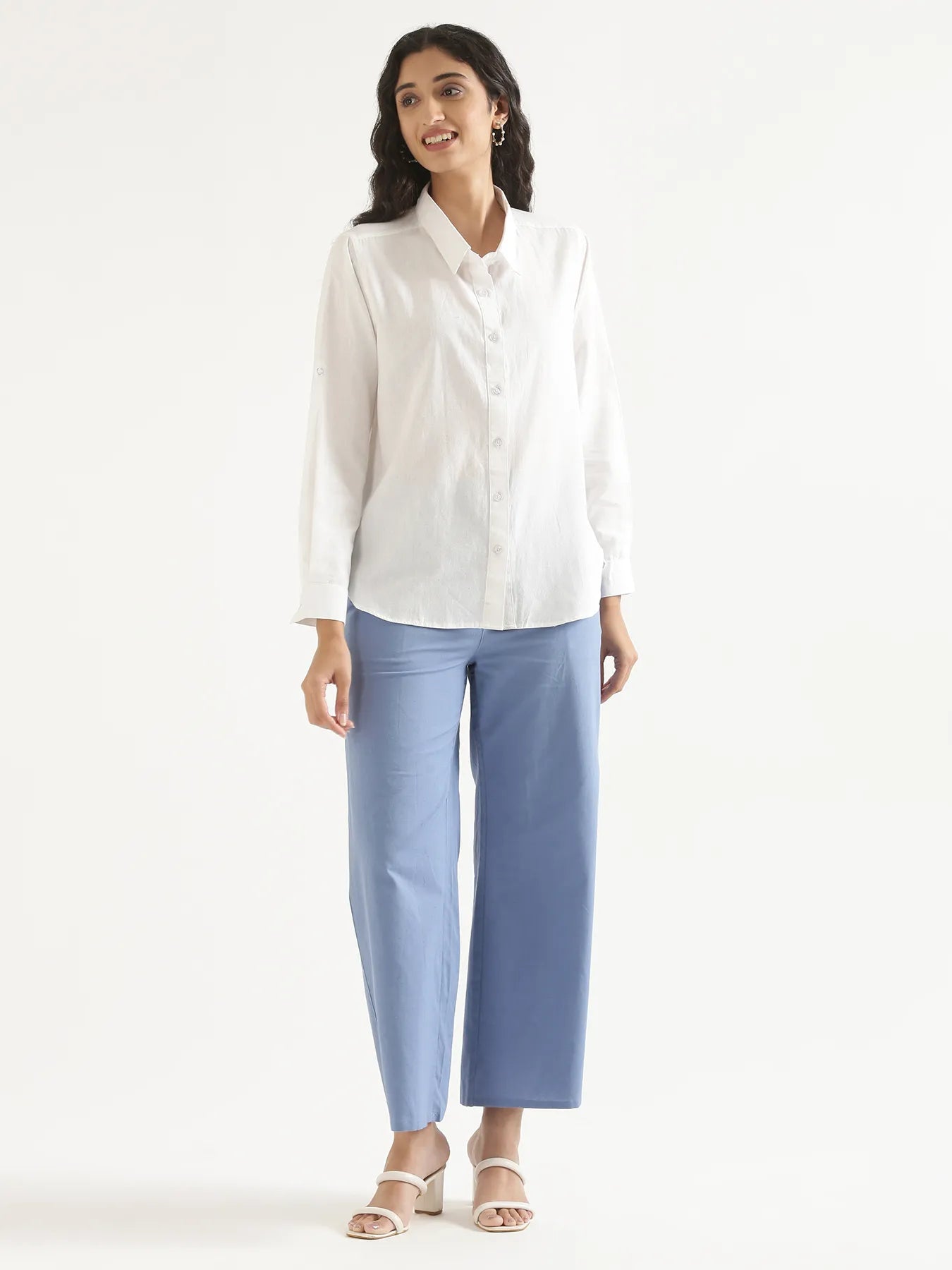 Women English Blue Airy Linen Wide Leg Pant