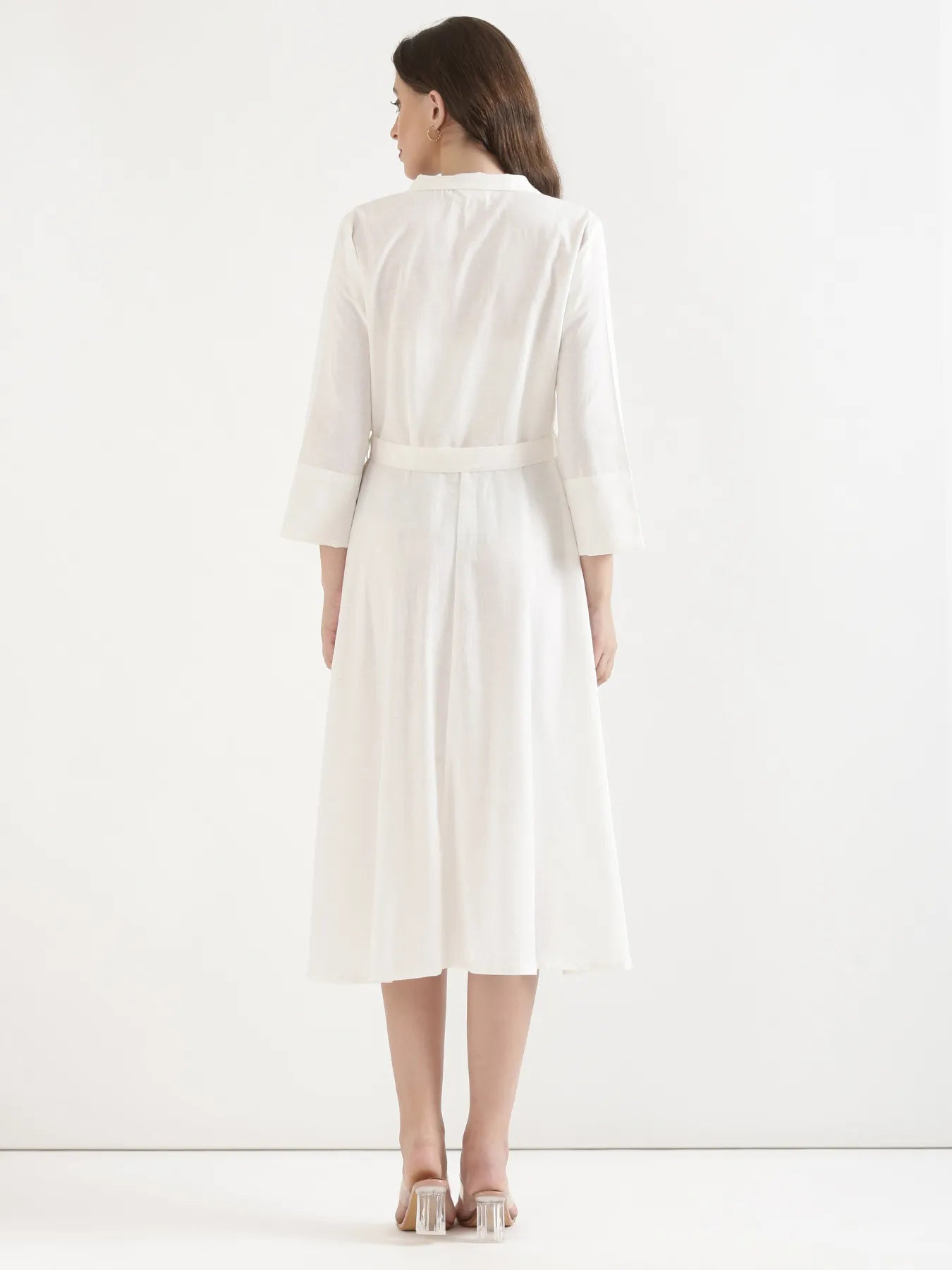 Women White Airy Linen Flared Dress