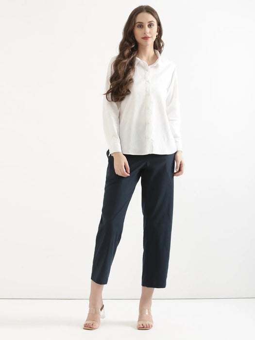 Women Navy Blue Airy Linen Straight Pants