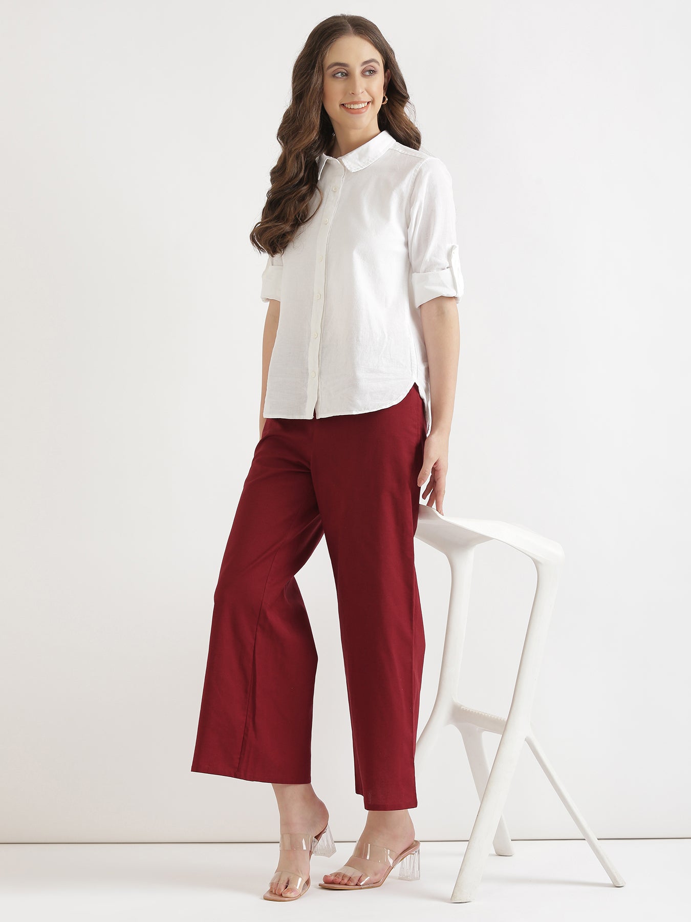 Maroon Airy Linen Wide Leg Pant