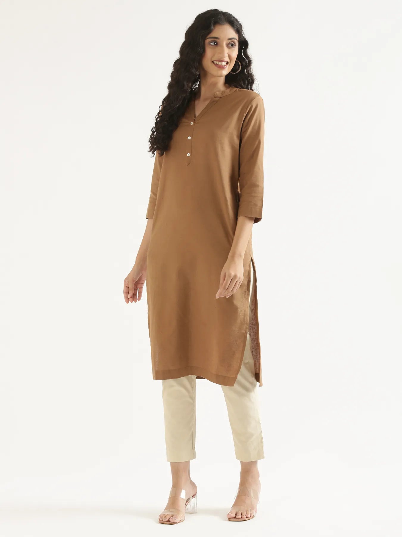 Women Coffee Brown Airy Linen Long Kurta