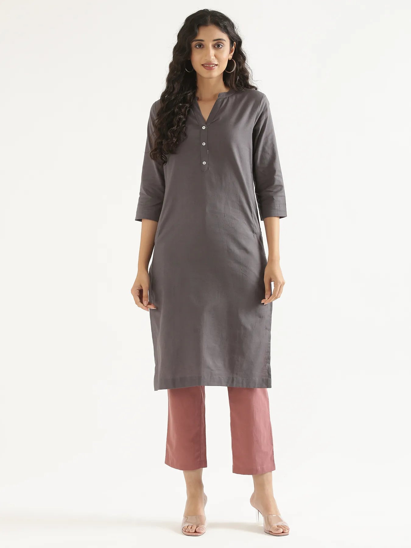 Women Slate Grey Airy Linen Long Kurta