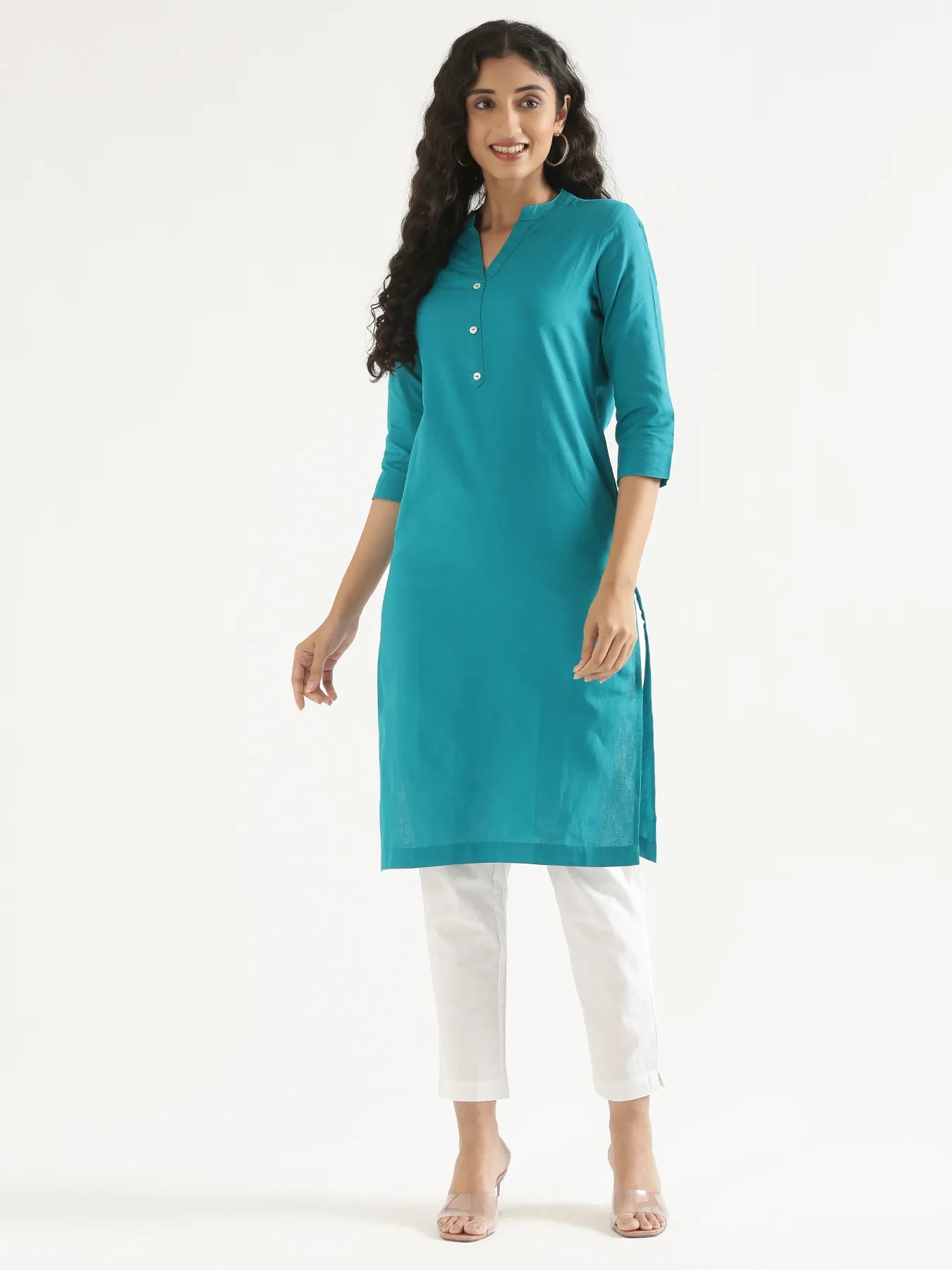 Women Teal Airy Linen Long Kurta