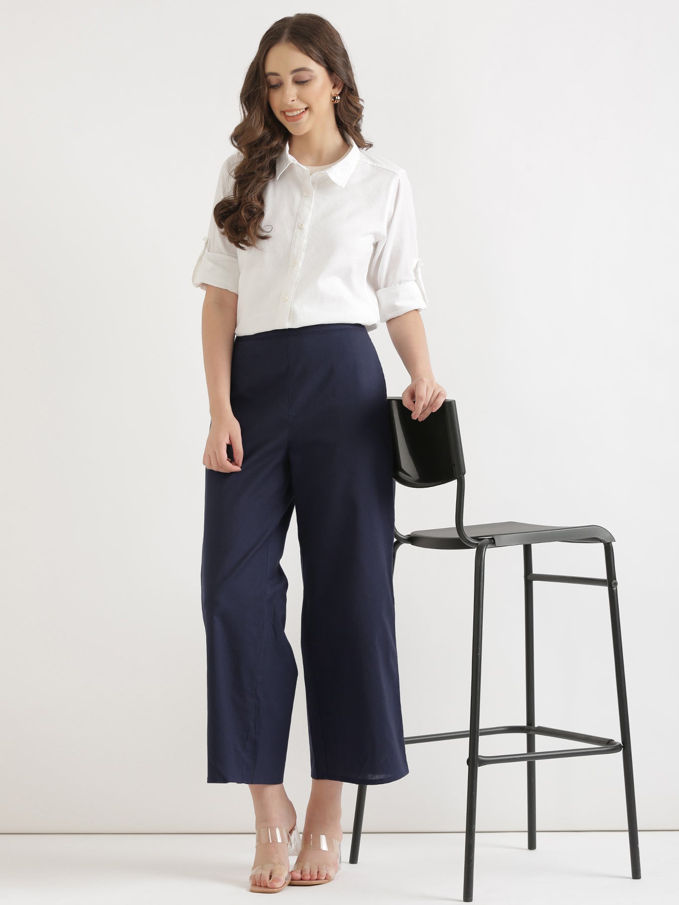 Navy Blue Airy Linen Wide Leg Pant
