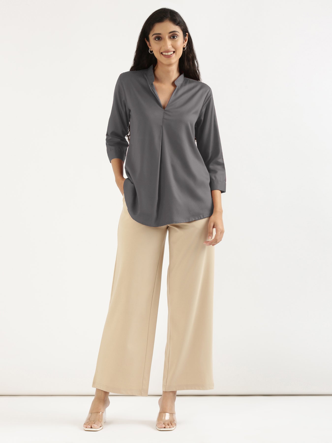 Women Grey Viscose Pleated Top