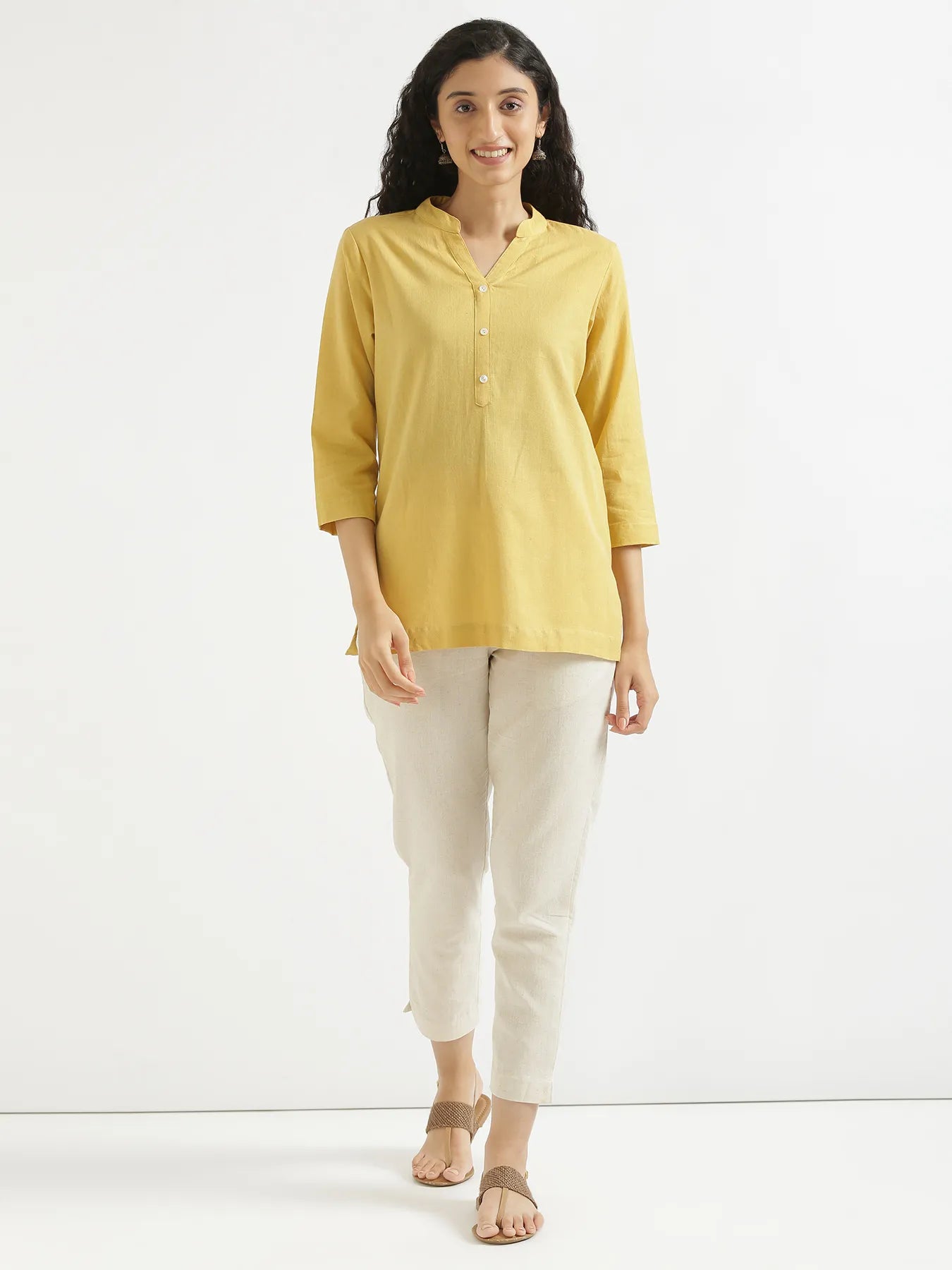 Women Yellow Airy Linen Short Kurta & Beige Cotton Pant Set