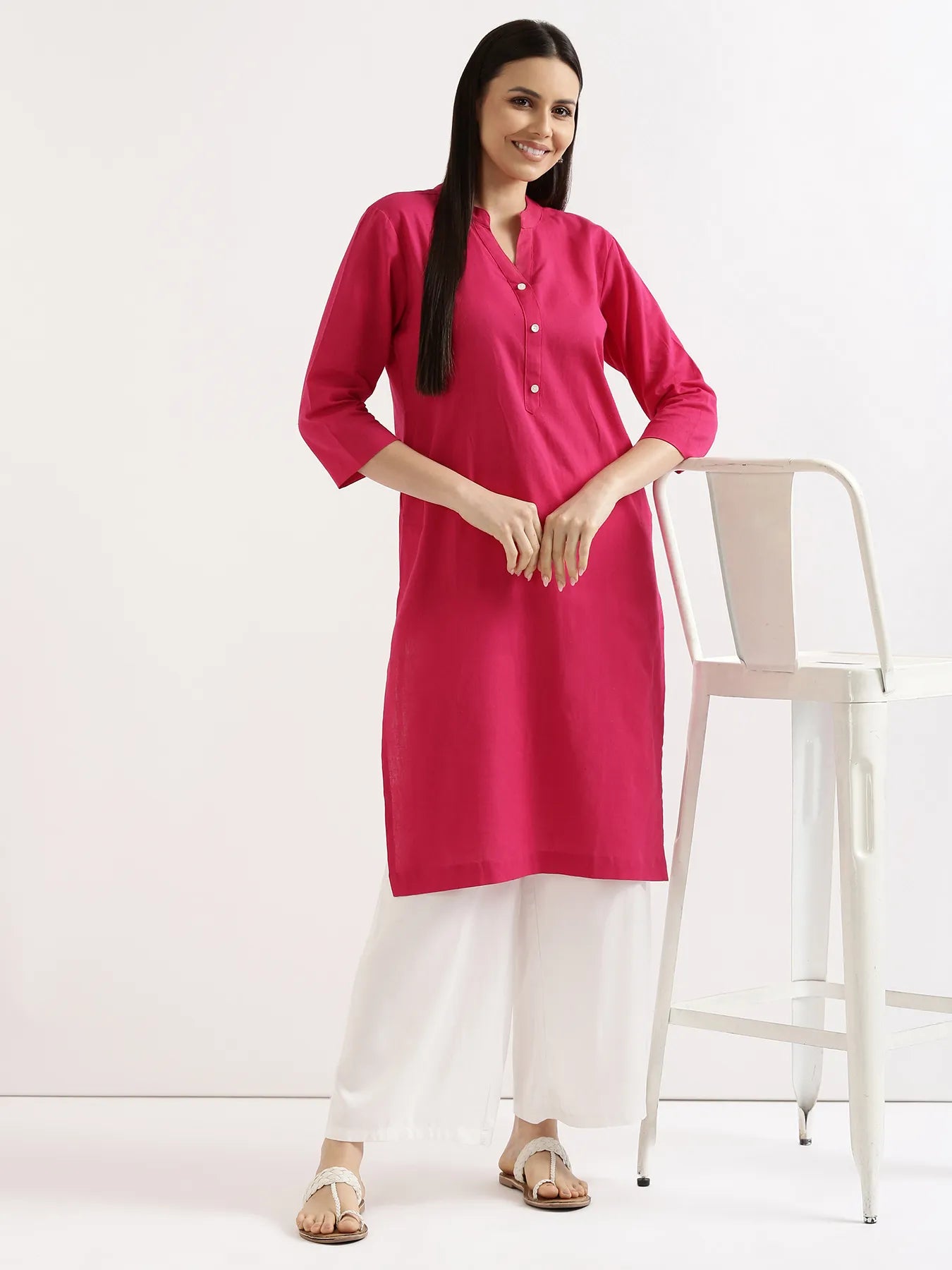 Women Hot Pink Airy Linen Long Kurta & White Viscose Palazzo Pant Set