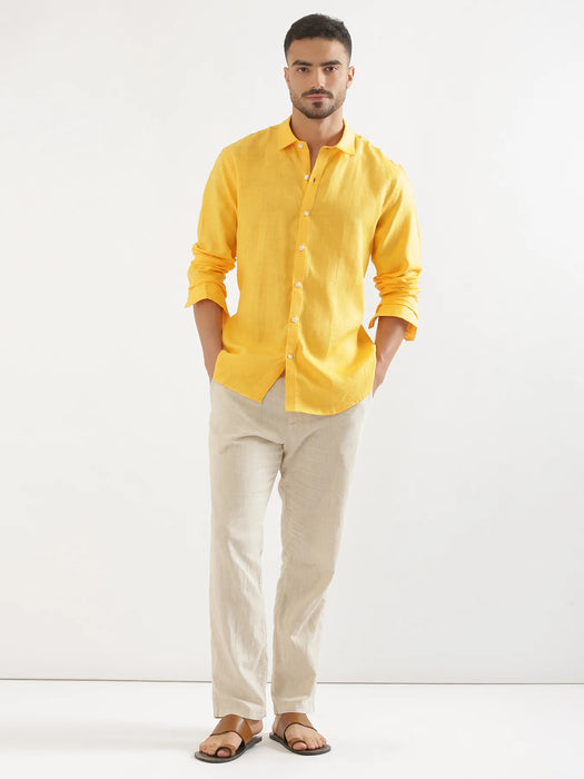 Men Mango Yellow 100% Full Sleeve Linen Shirt
