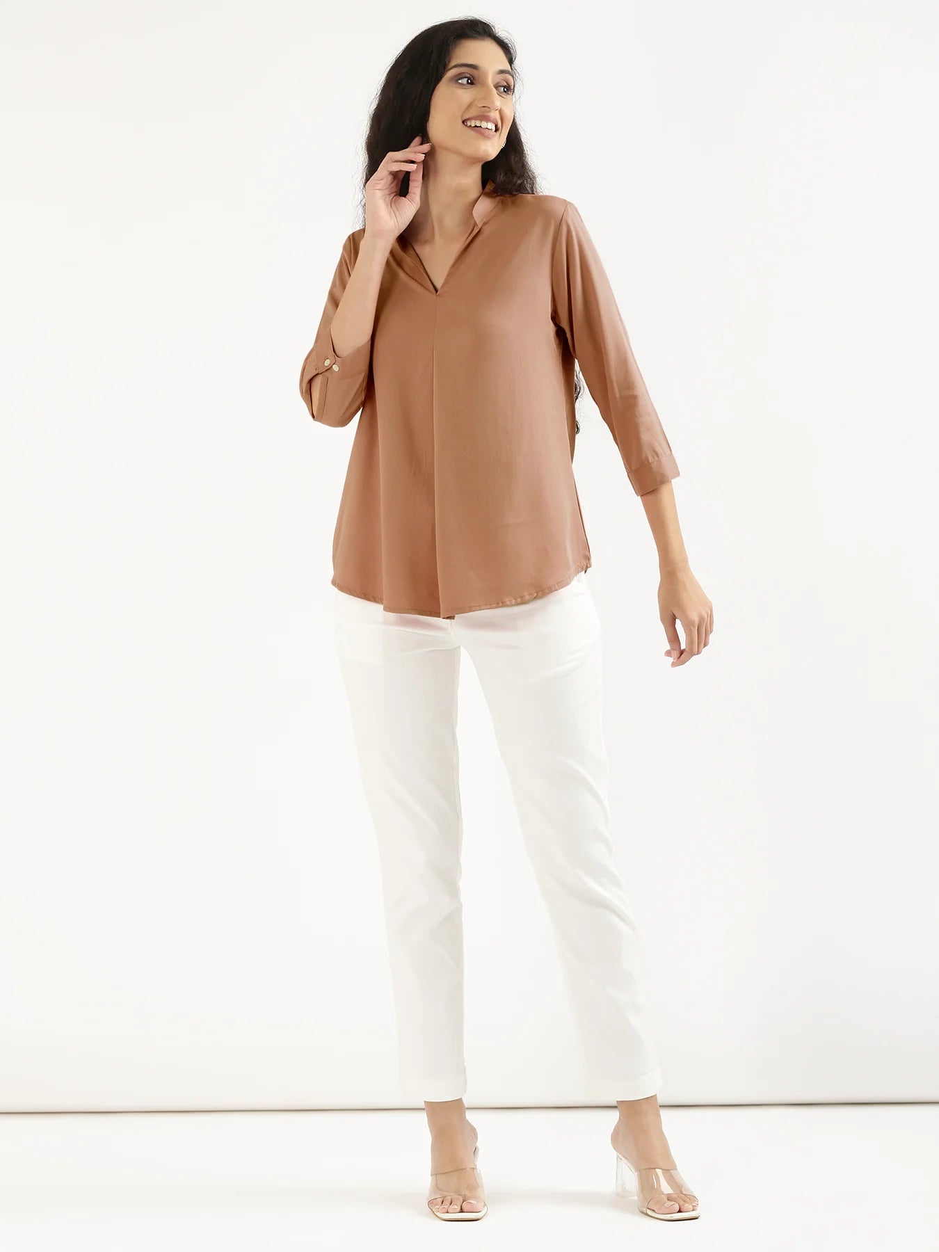 Women Mocha Mousse Viscose Pleated Top