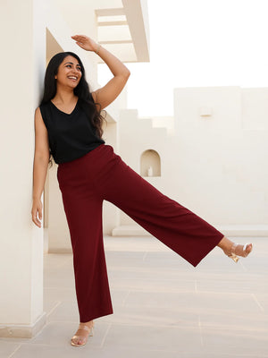 Black V-Neck Sleeveless Top with Maroon Wide Leg Pant