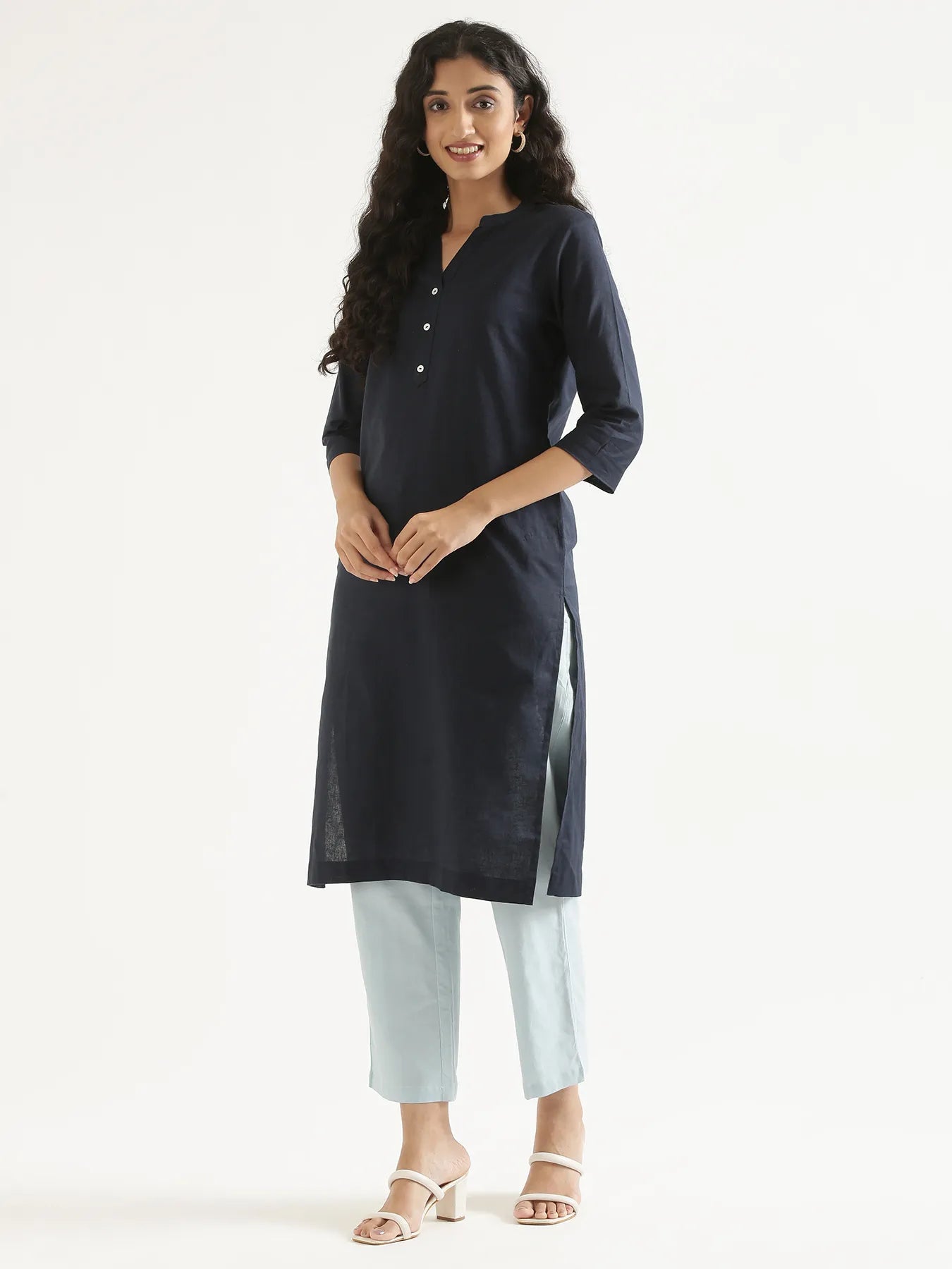 Women Navy Blue Airy Linen Long Kurta