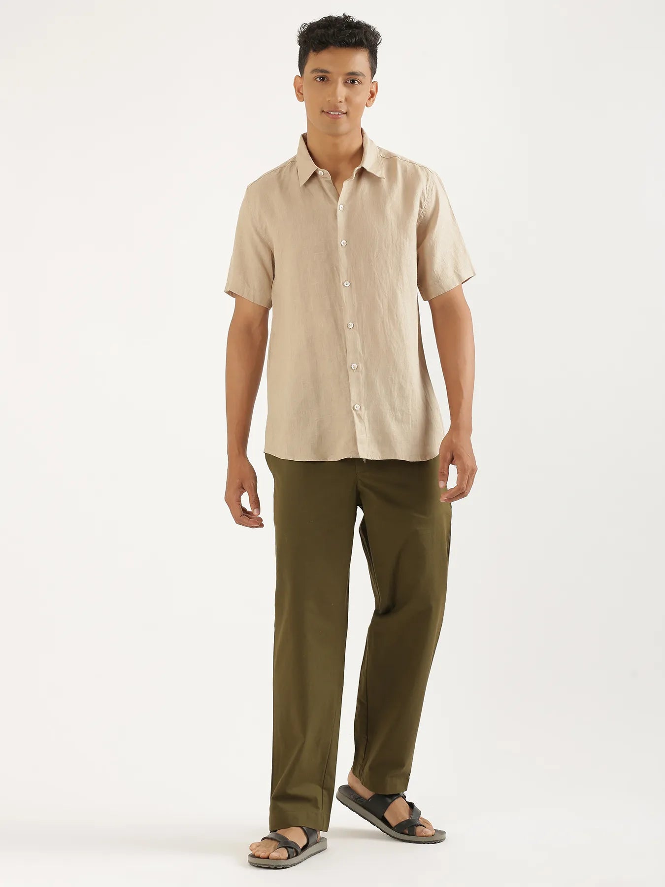 Men Taupe Pure Linen Short Sleeve Shirt