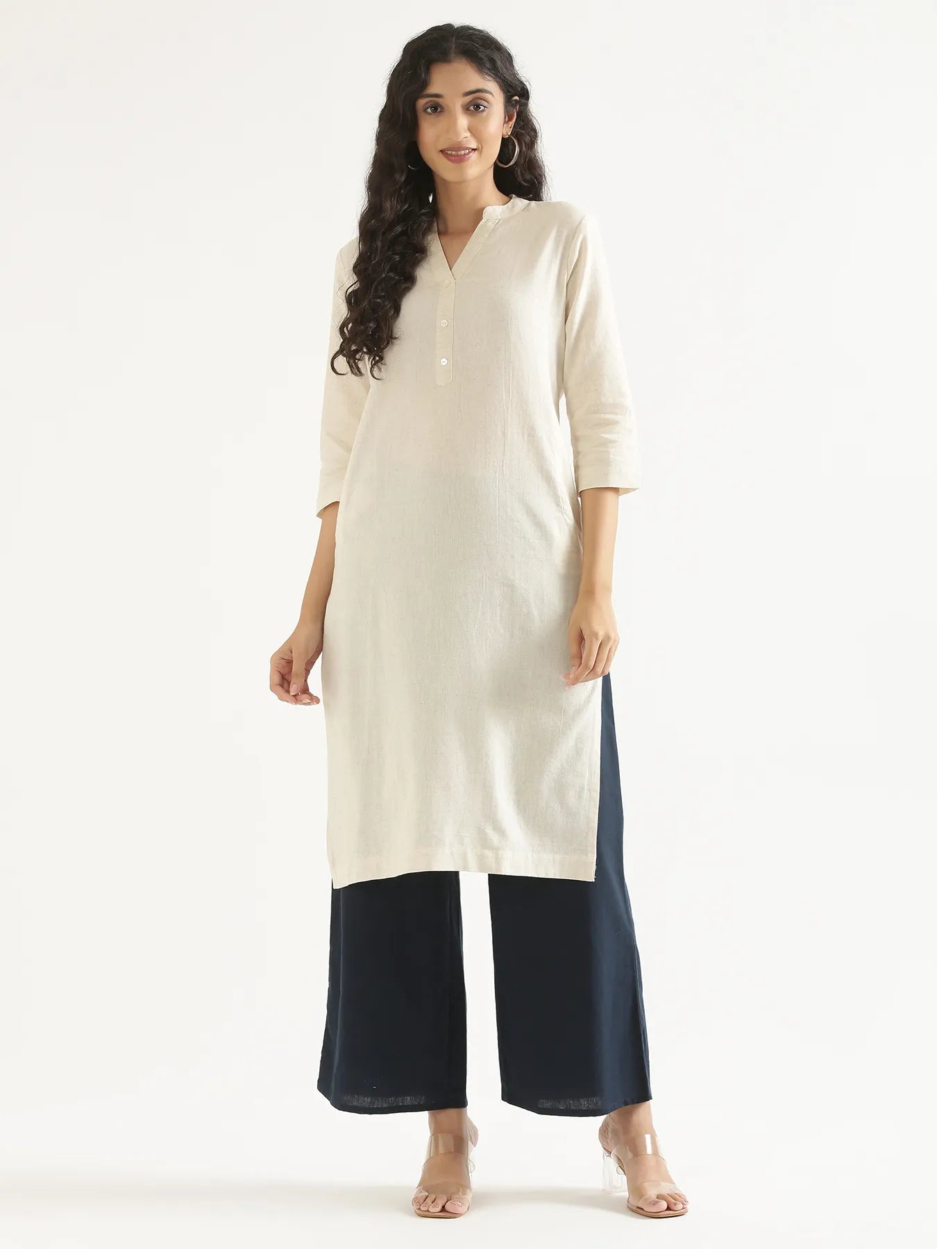 Women Ecru Airy Linen Long Kurta