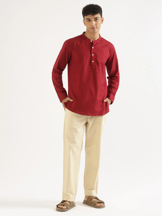 Men Maroon Airy Linen Short Kurta