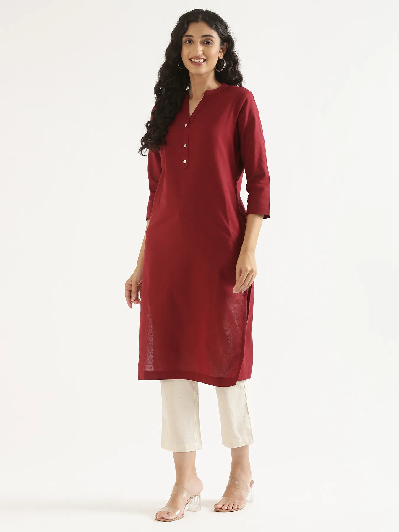 Women Maroon Airy Linen Long Kurta