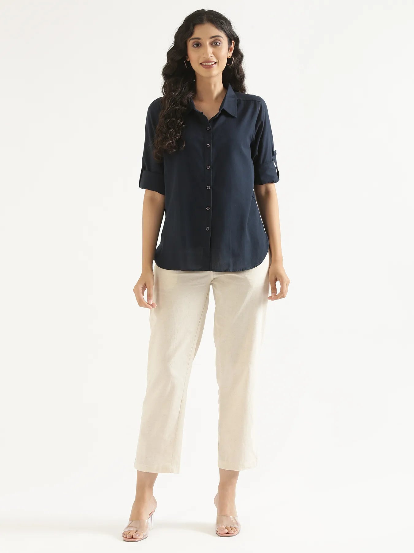 Women Navy Blue Airy-Linen Shirt