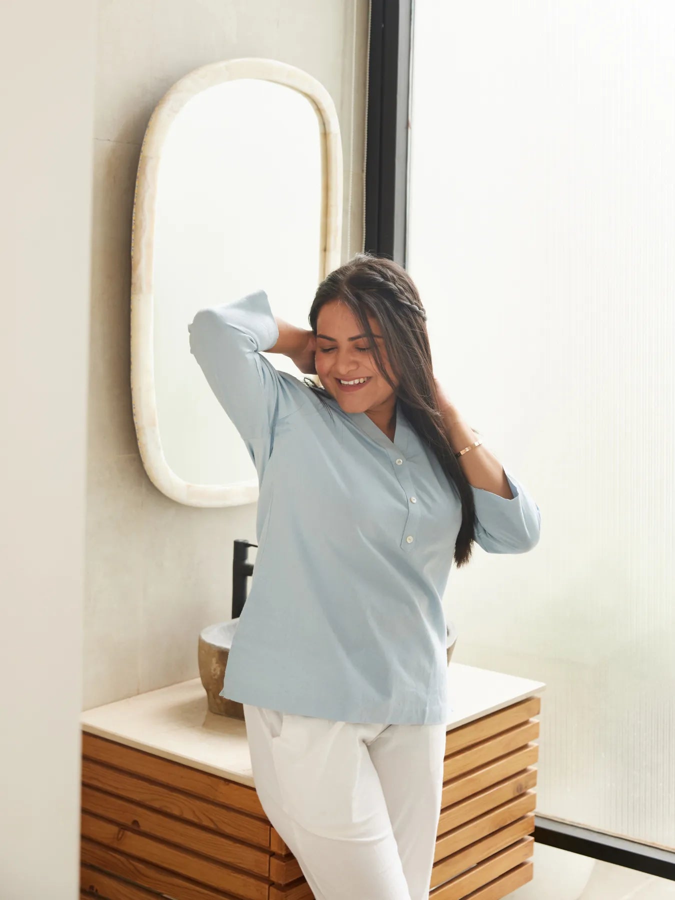 Sky Blue Short Kurta with White Cotton Pant