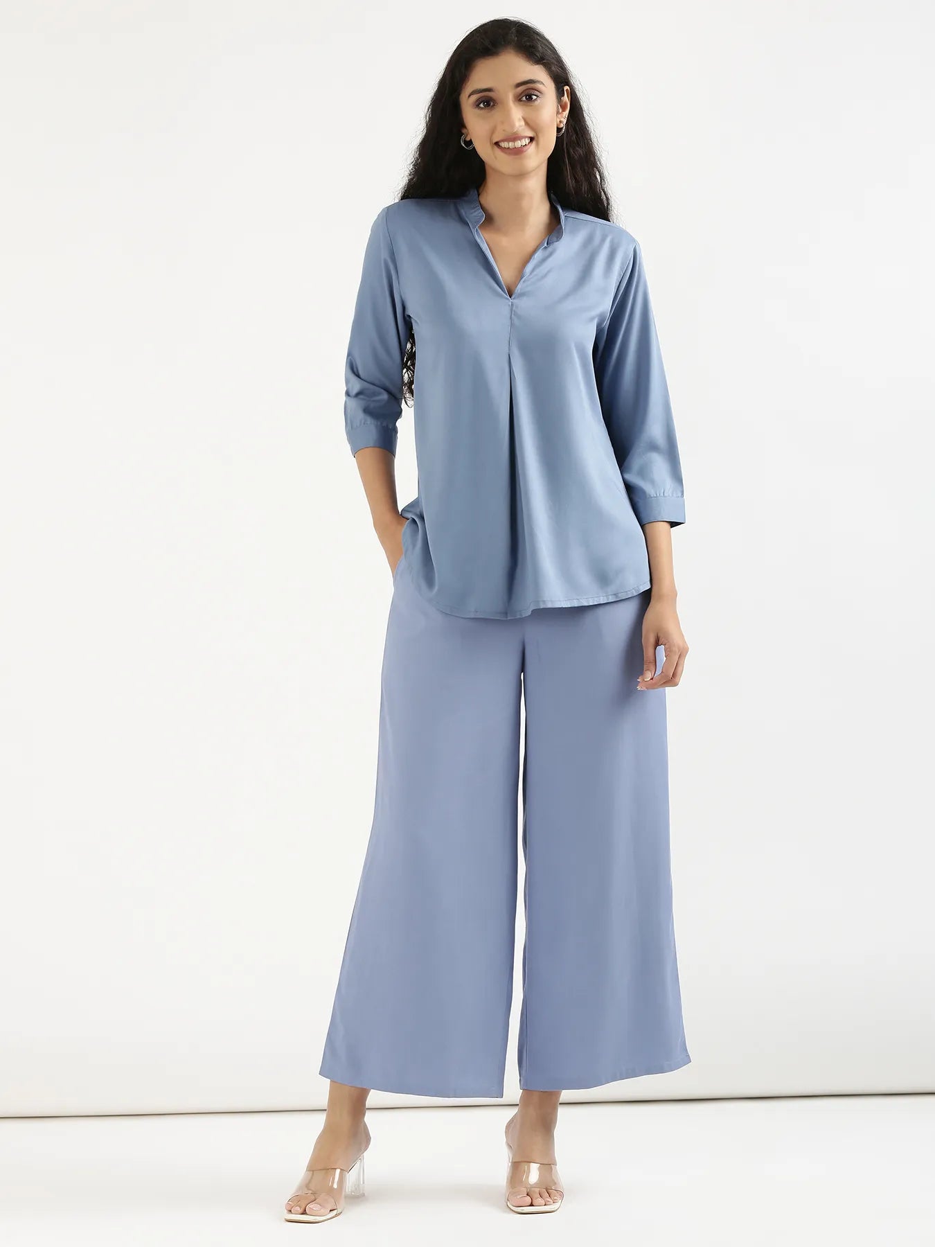 Women English Blue Viscose Pleated Top