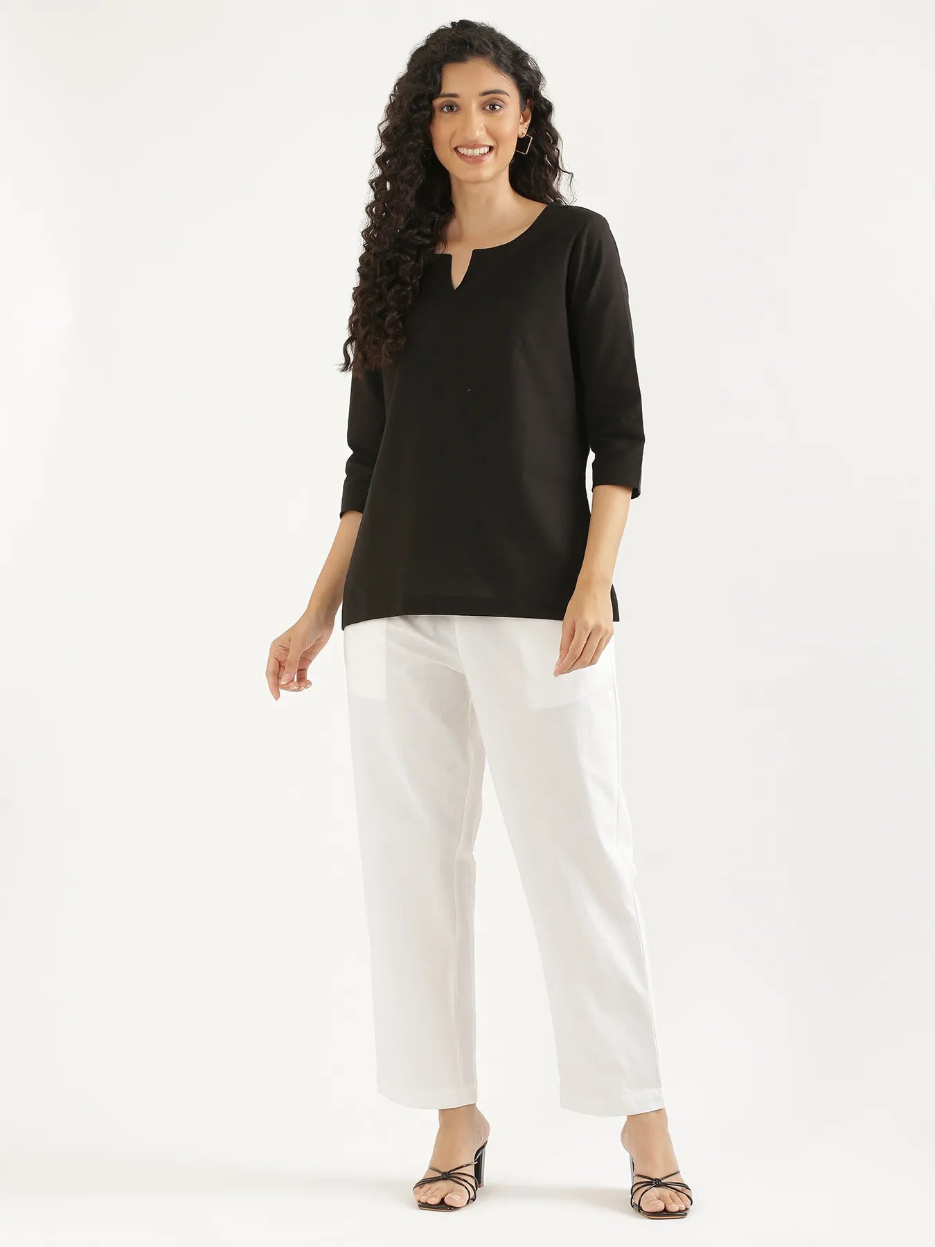 Women Black Airy Linen Split Neck Short Kurta