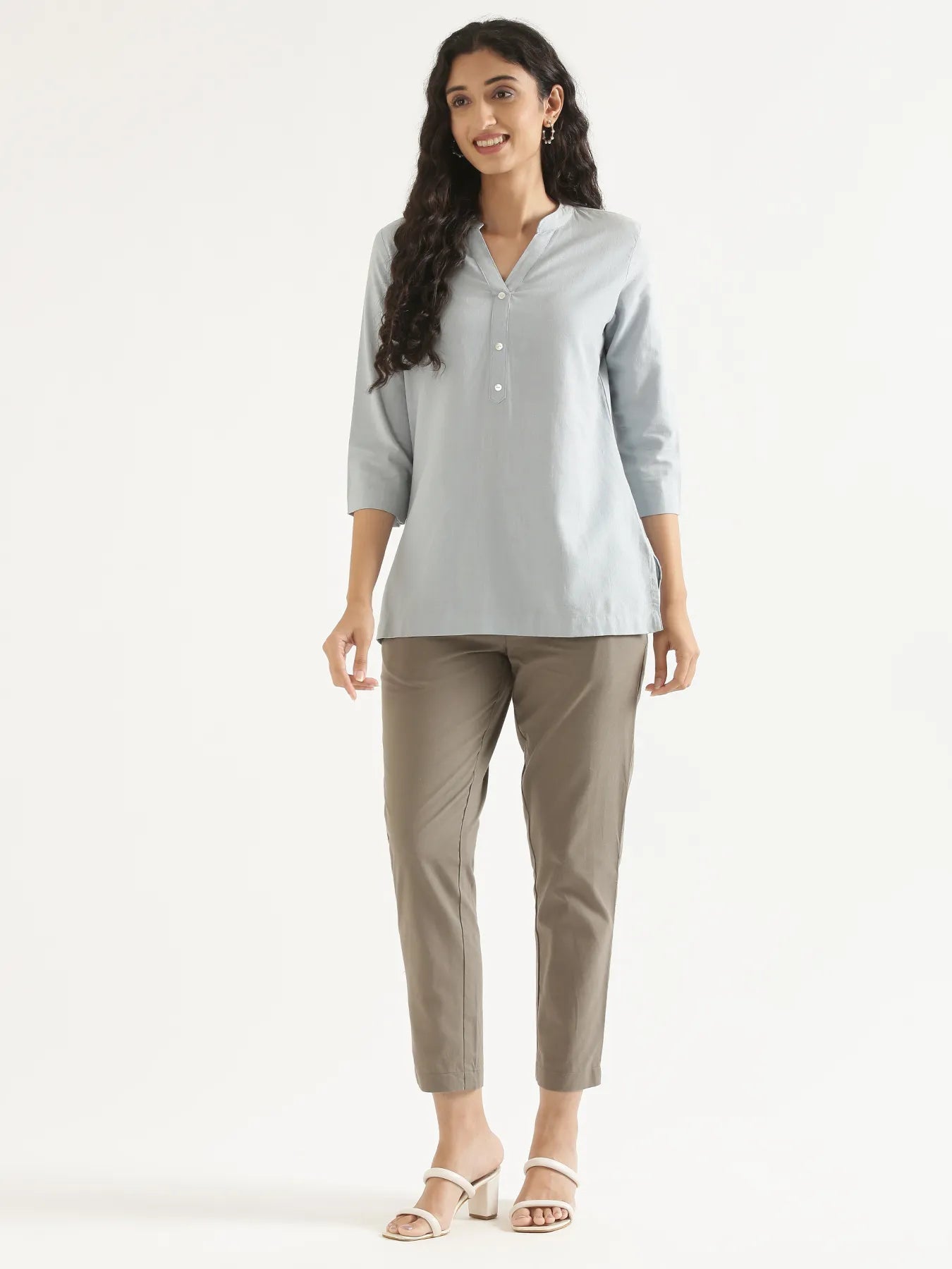 Women Sky Blue Airy Linen Short Kurta & Grey Cotton Pant Set