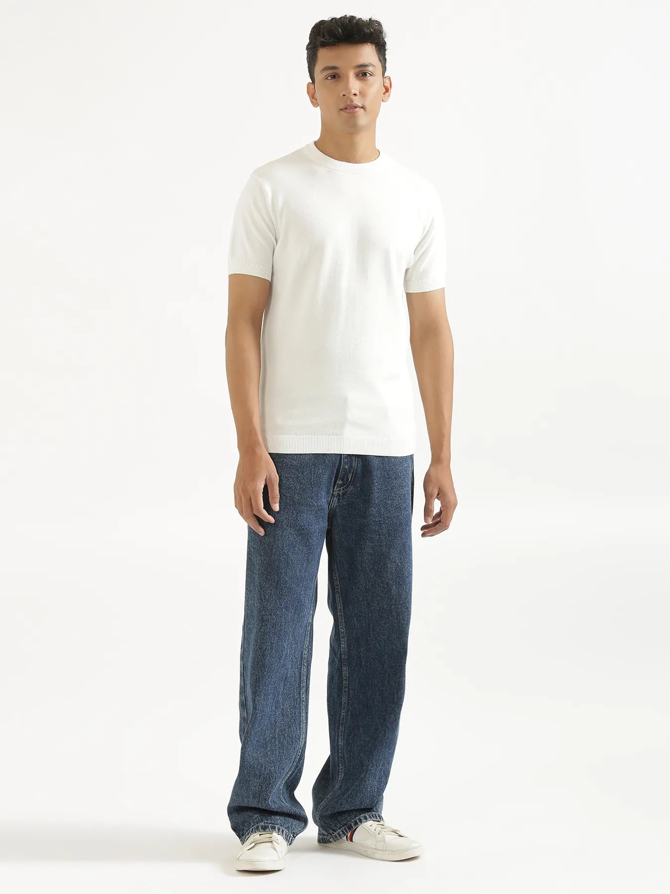 Men Off White Flat Knit Round Neck T-shirt