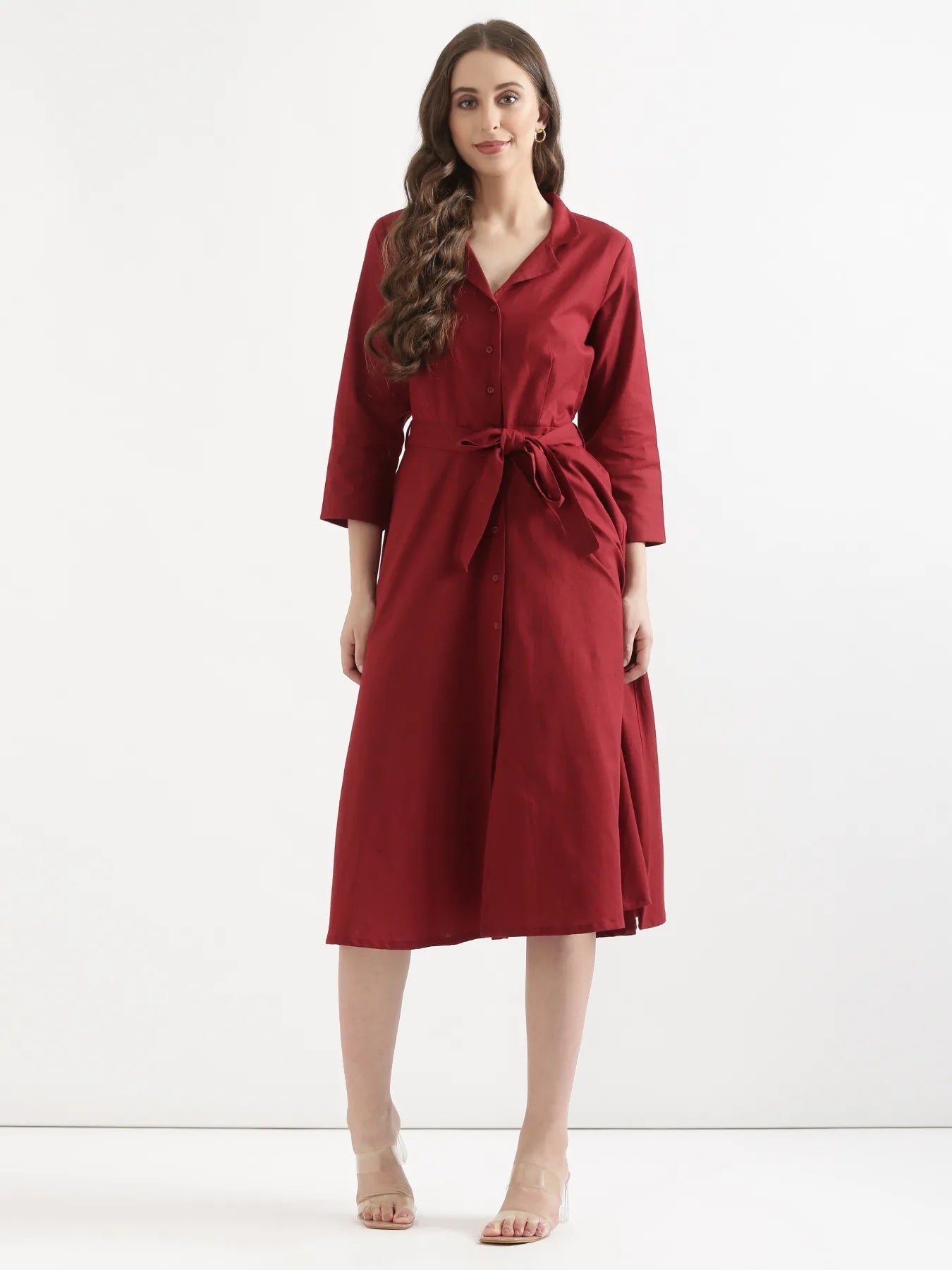 Women Maroon Airy Linen Flared Dress