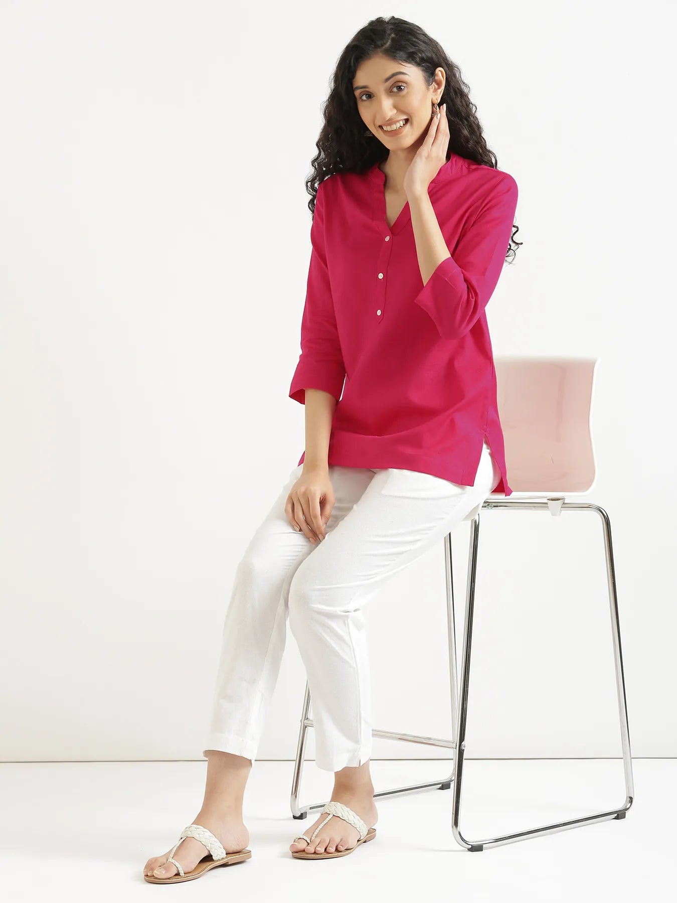 Women Hot Pink Airy Linen Short Kurta