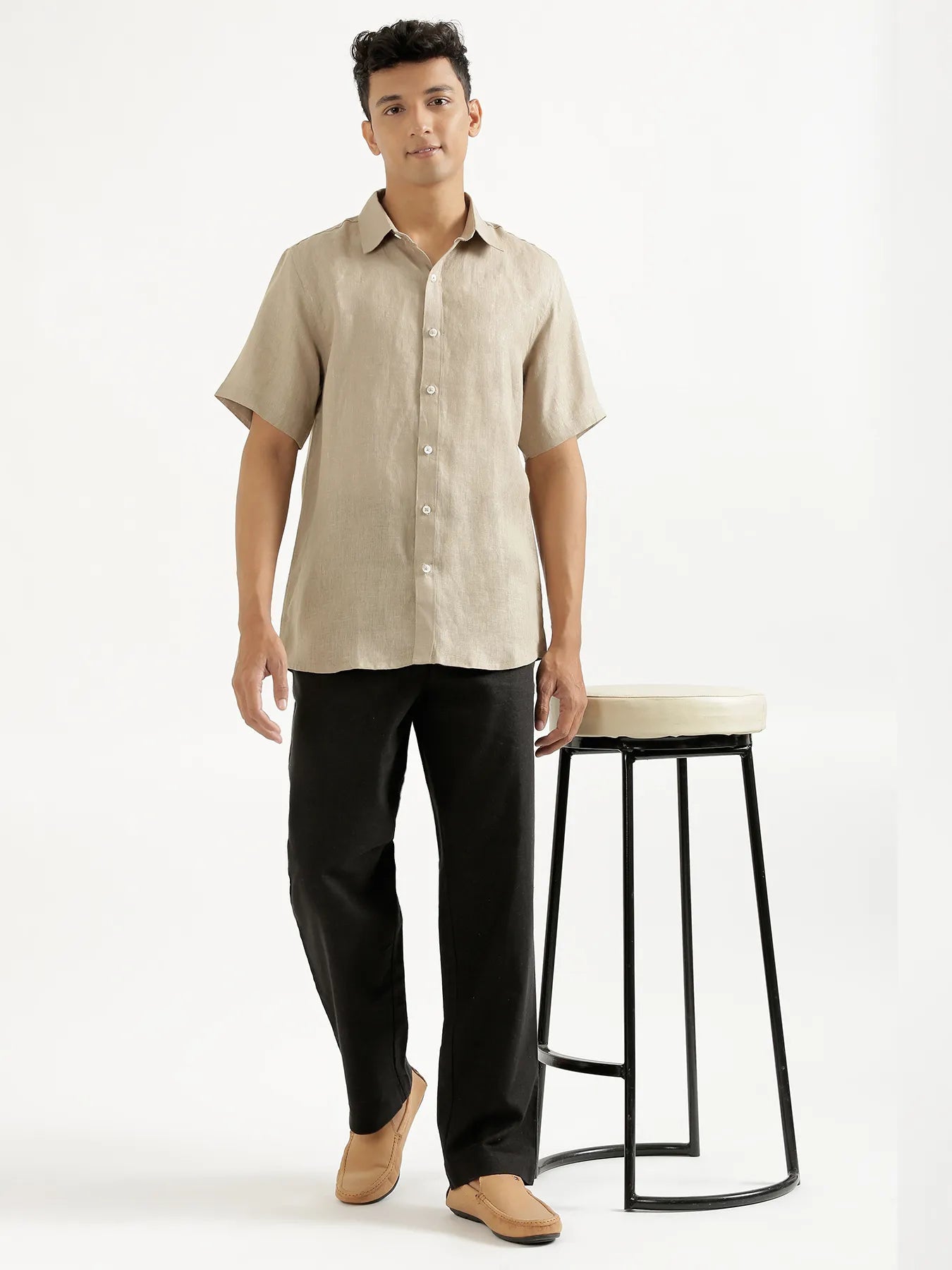 Men Black Linen Blend Straight Pant