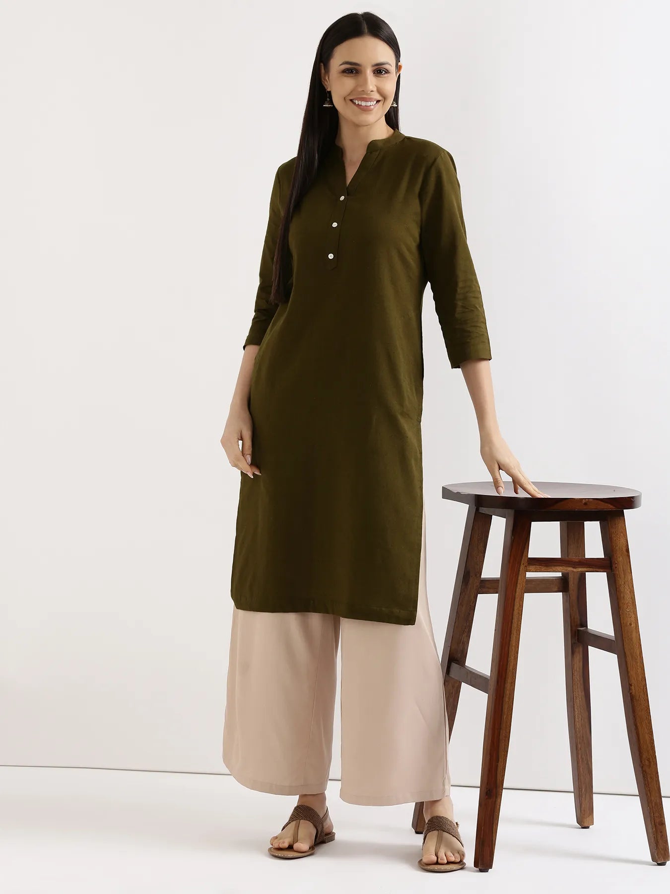 Women Olive Green Airy Linen Long Kurta & Beige Viscose Palazzo Pant Set