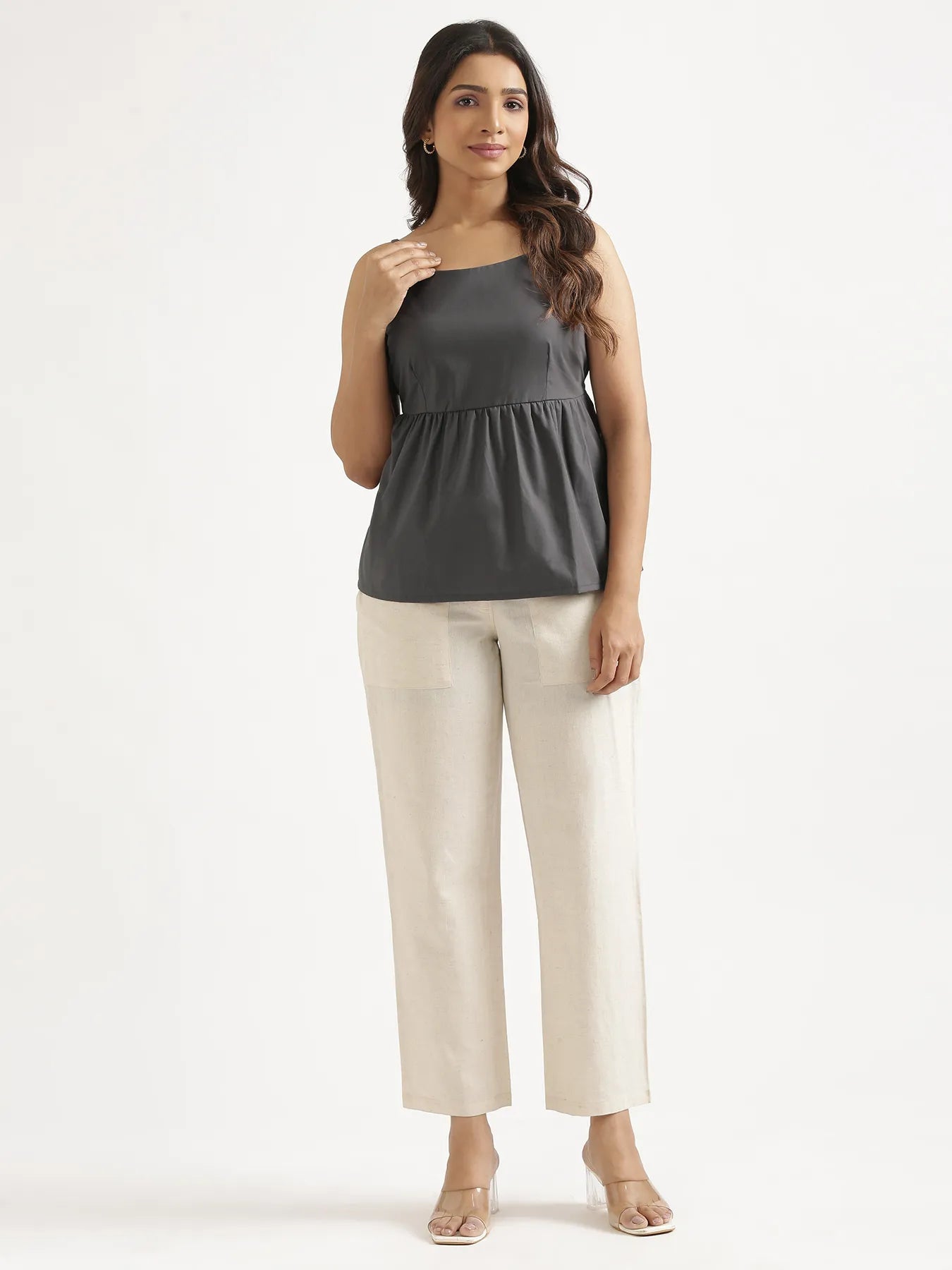 Women Dark Grey Better Cotton Peplum Top