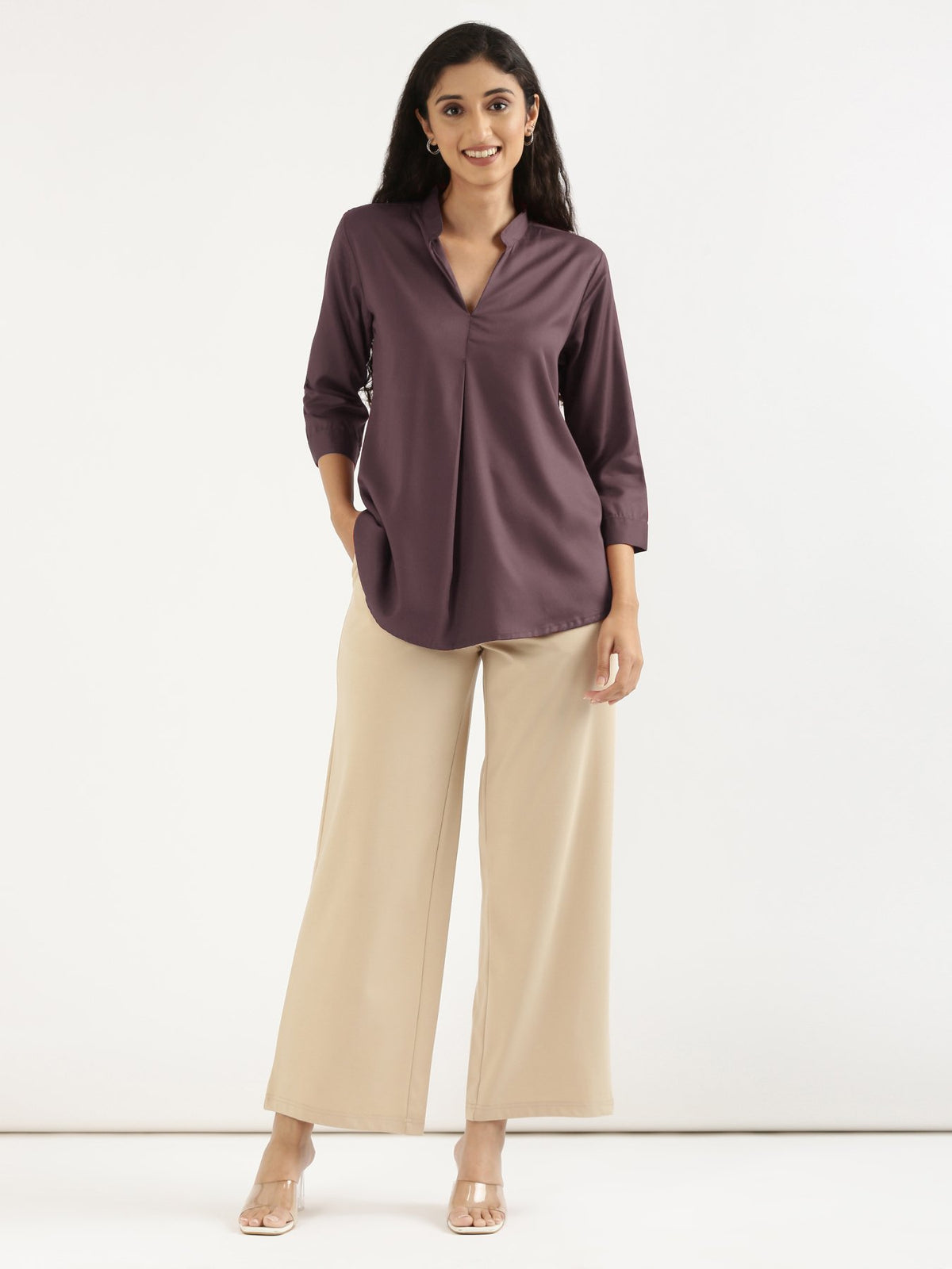 Women Brinjal Viscose Pleated Top