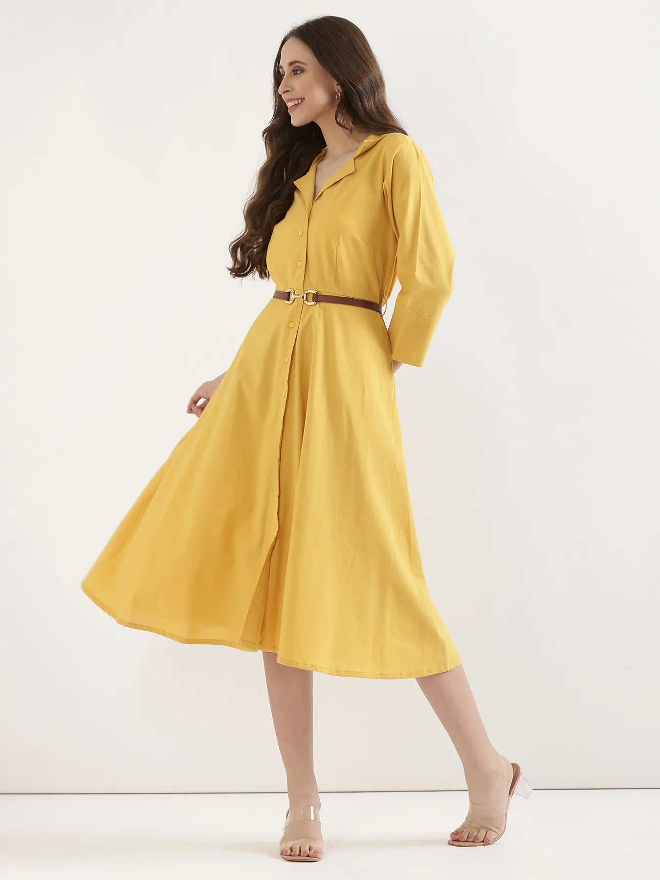 Women Yellow Airy Linen Flared Dress