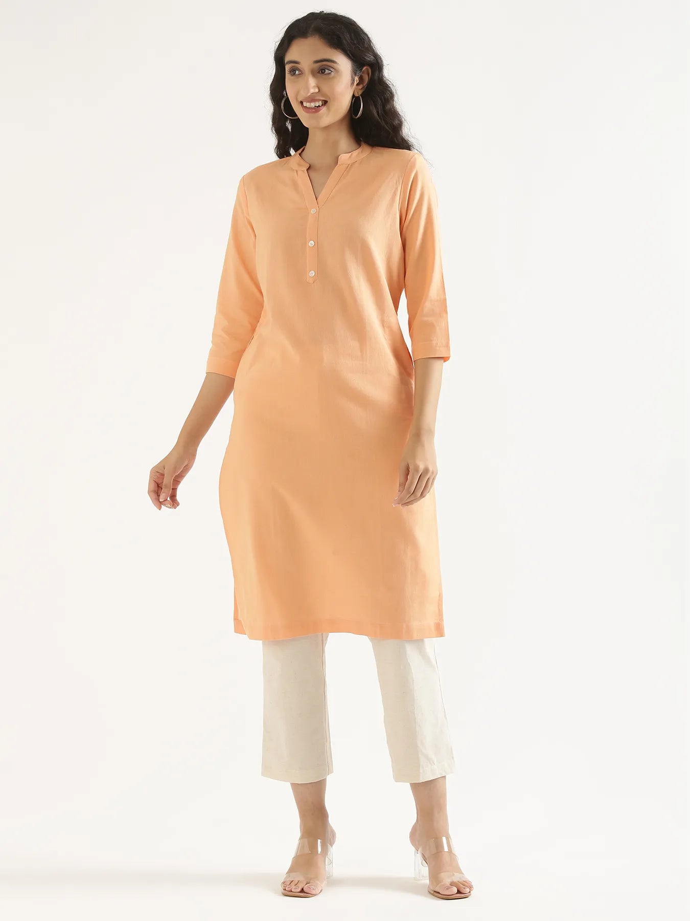 Women Peach Airy Linen Long Kurta