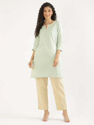 Women Mint Green Airy Linen Mid Thigh Length Kurta