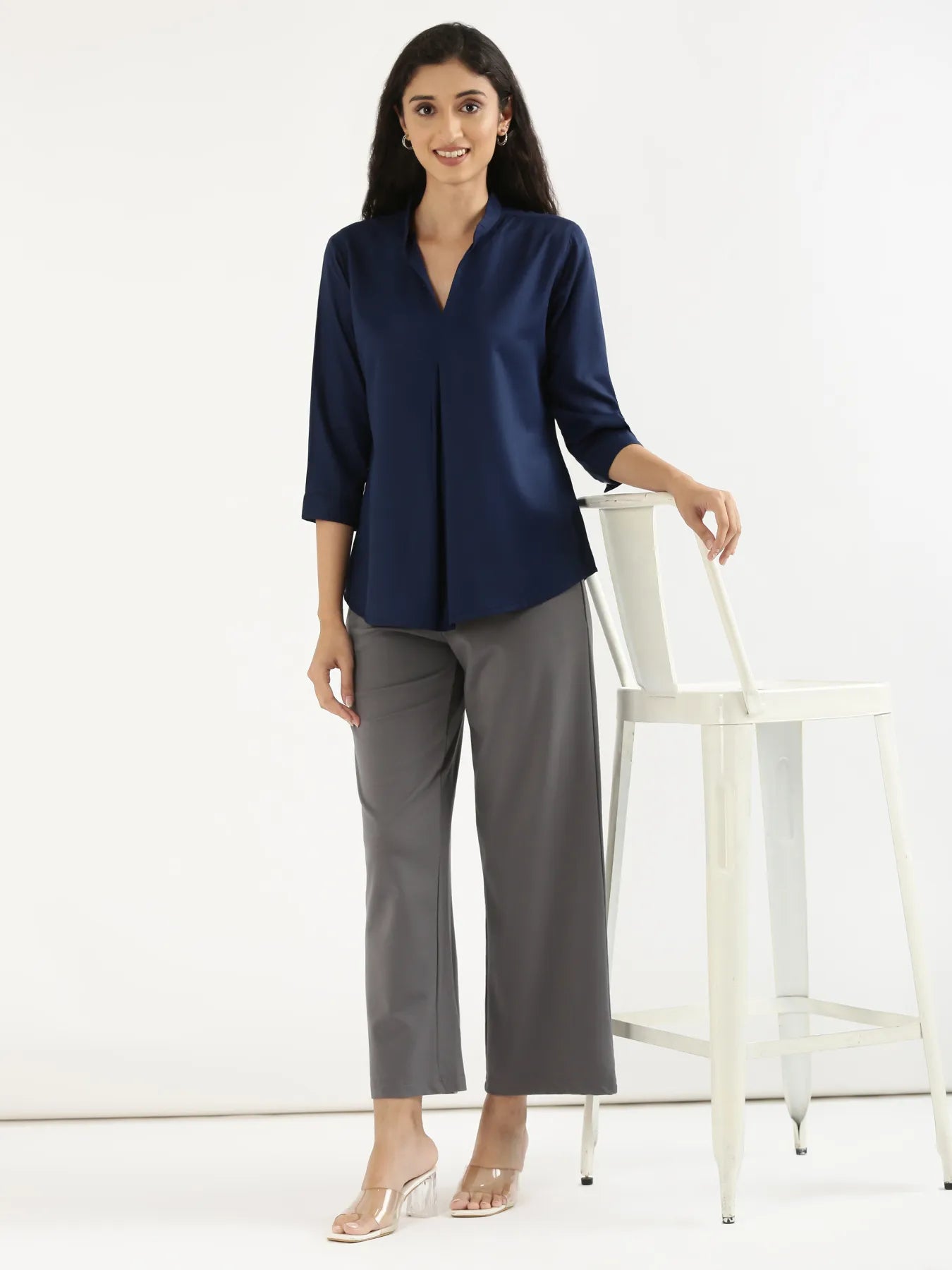 Women Navy Blue Viscose Pleated Top