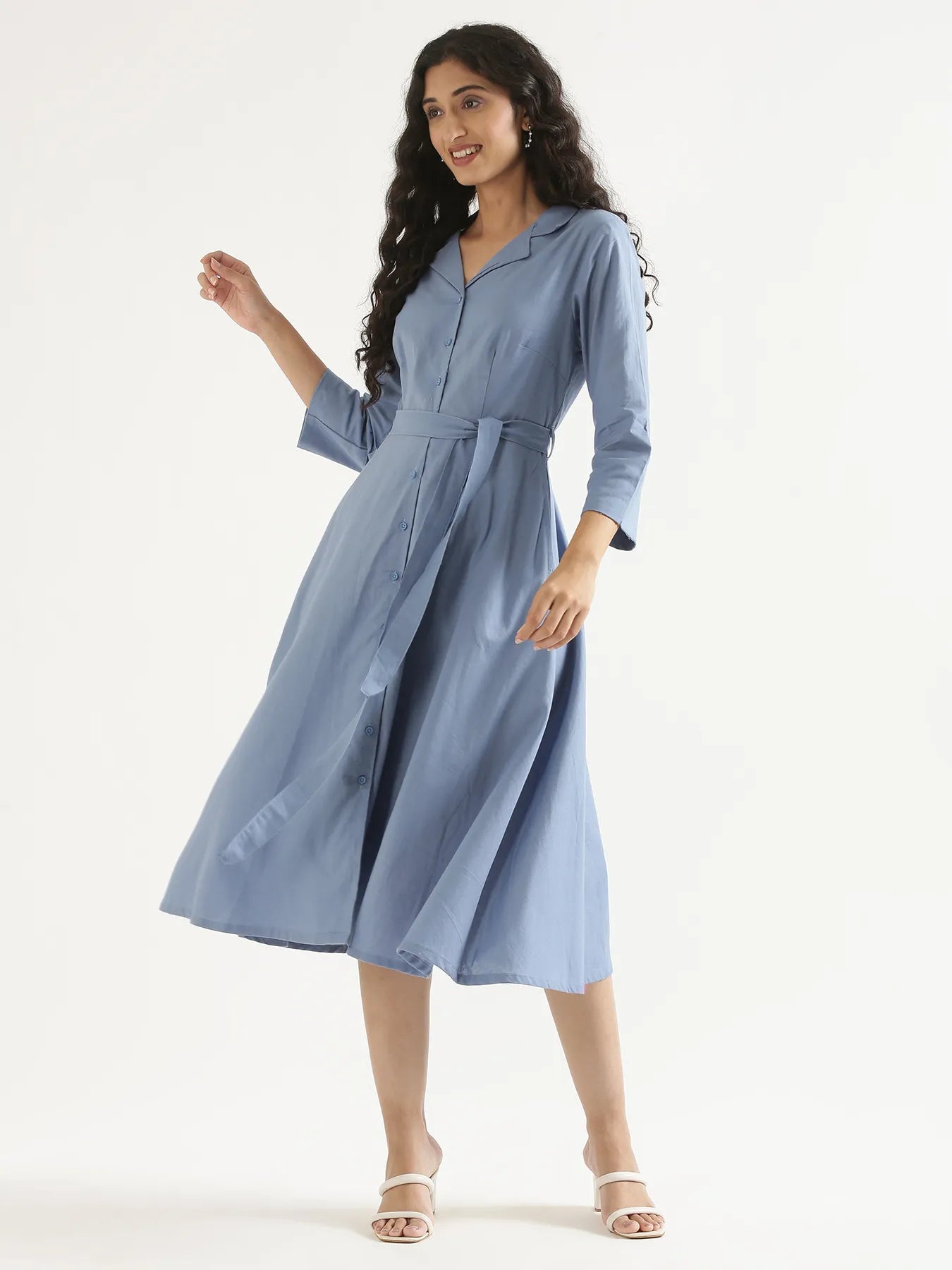 Women English Blue Airy Linen Flared Dress