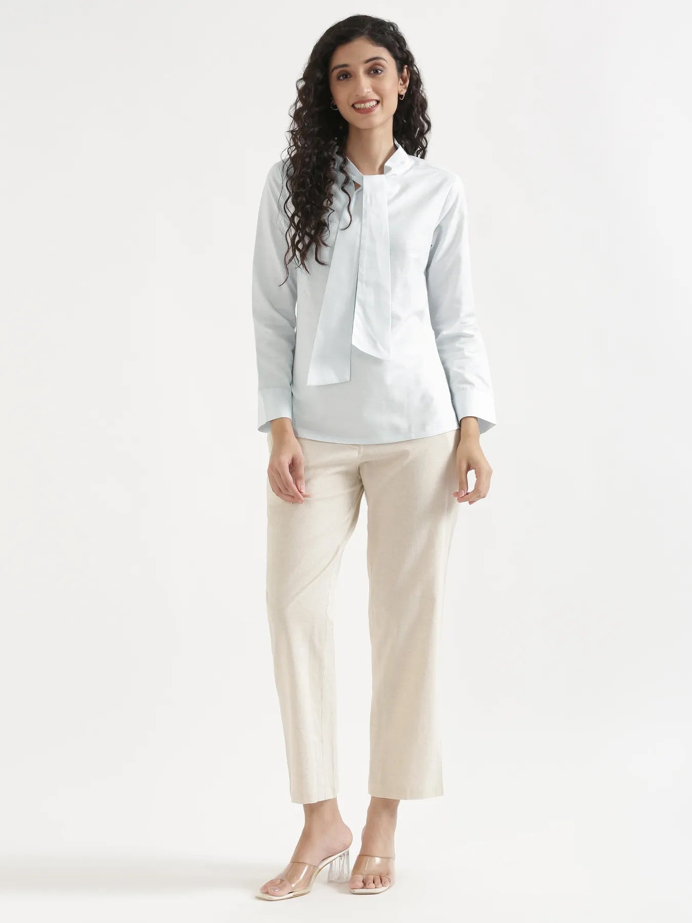 Women Powder Blue Linen Blend Knot Blouse