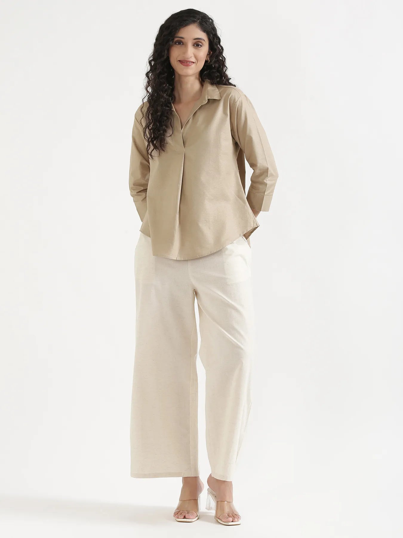 Women Taupe Linen Blend Pleated Top
