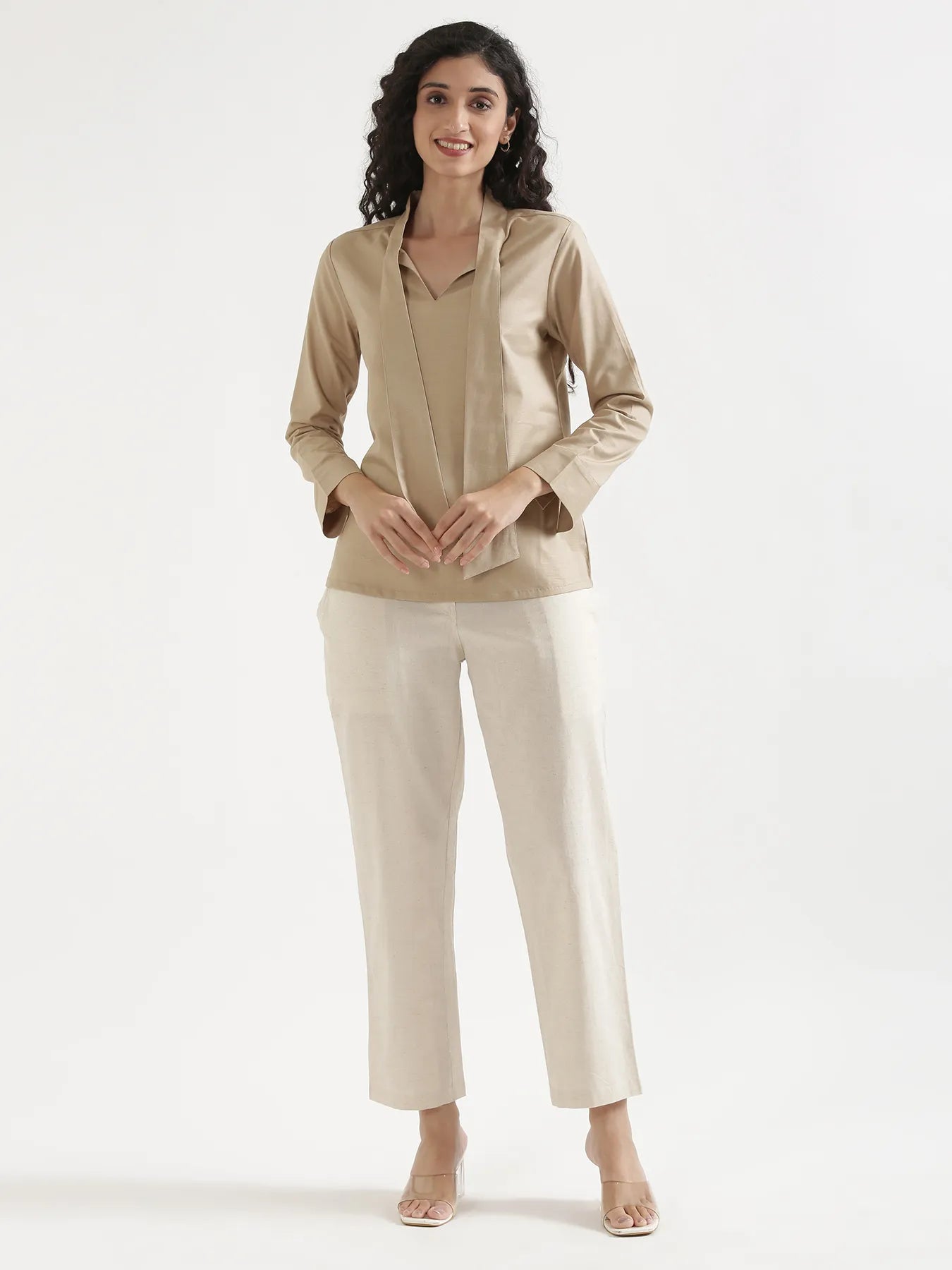 Women Taupe Linen Blend Knot Blouse