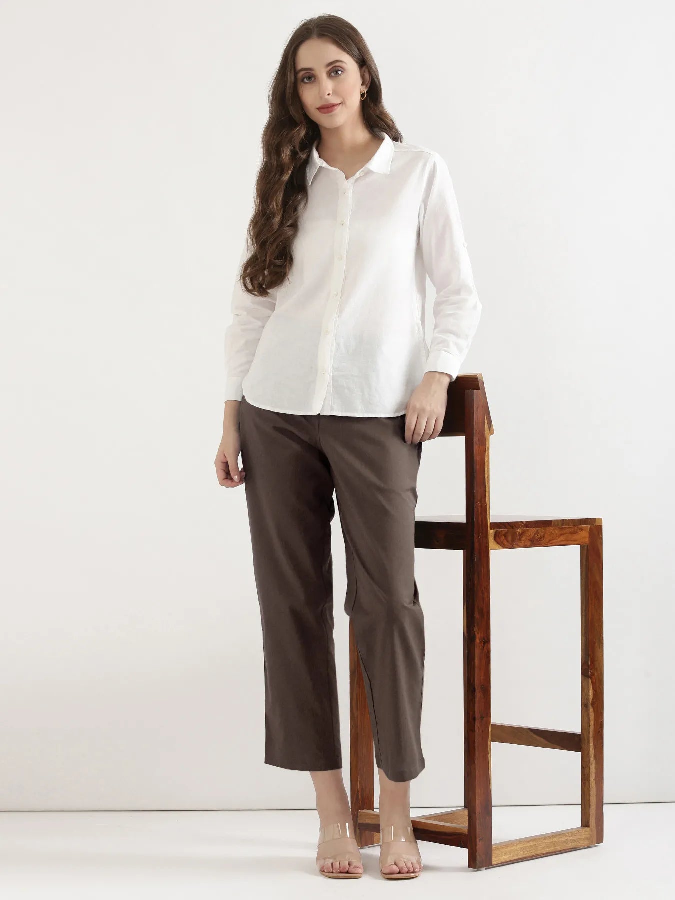 Women Dark Brown Airy Linen Straight Pants