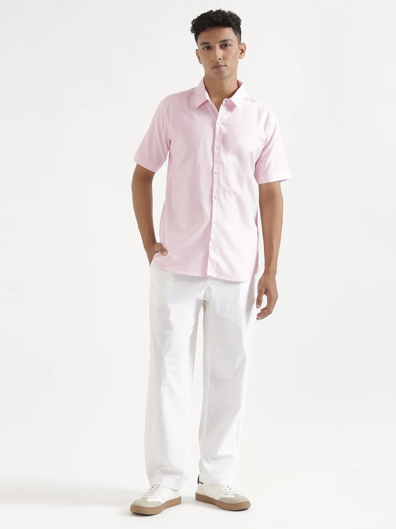 Men Blush Pink Linen Blend Short Sleeve Shirt