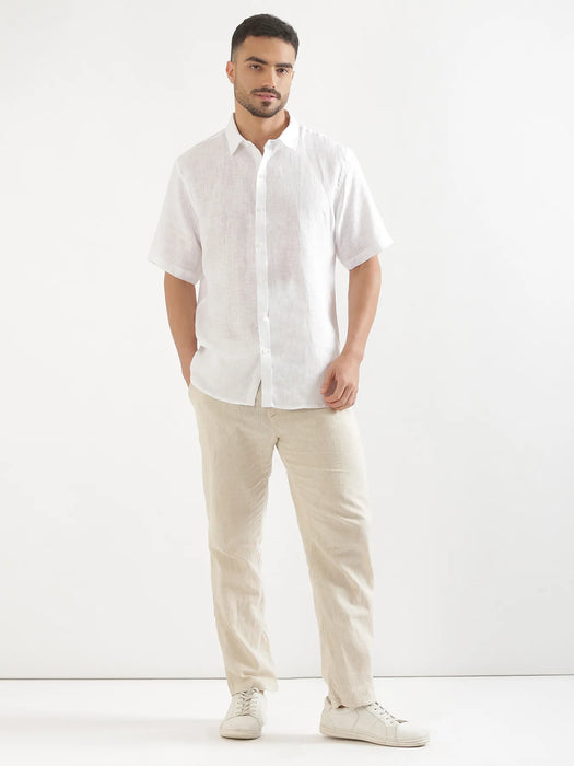 Men White 100% Linen Half Sleeve Shirt