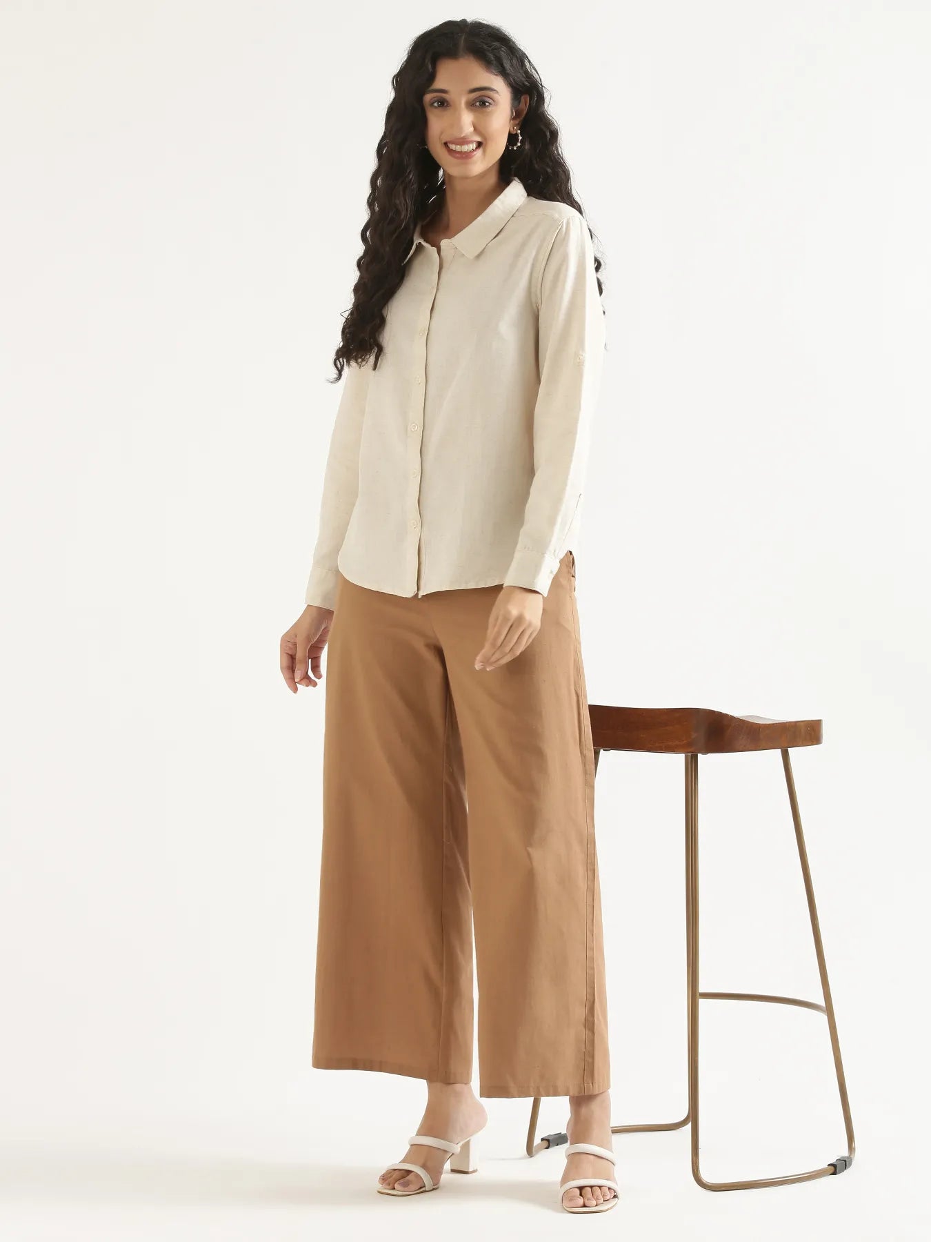 Women Coffee Brown Airy Linen Wide Leg Pant