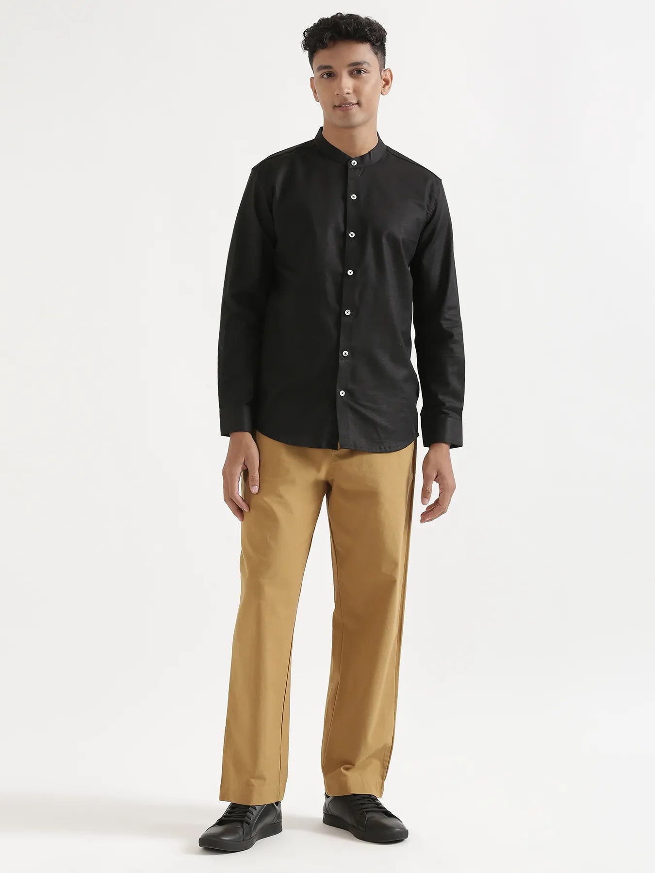 Men Black Linen Blend Mandarin Collar Shirt